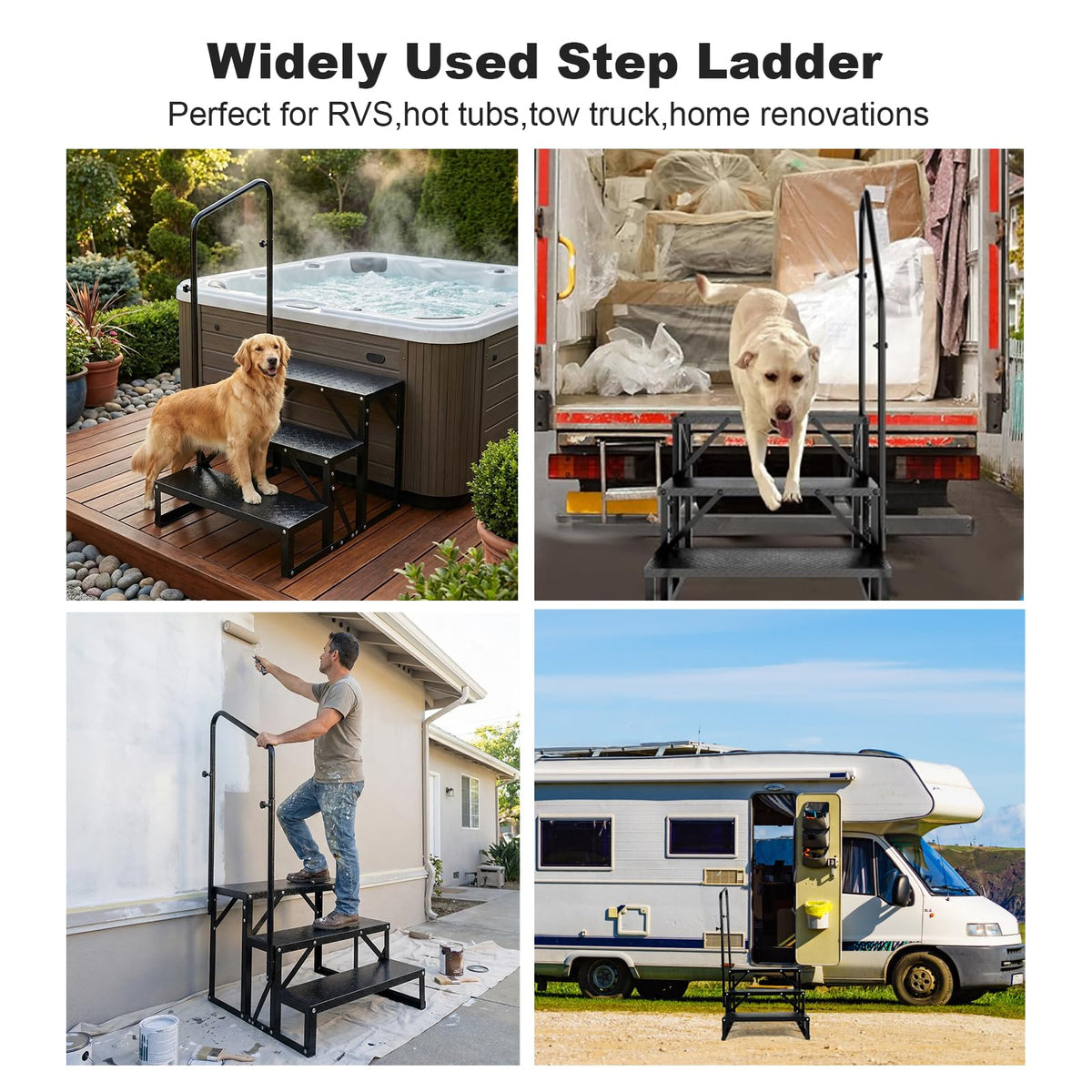 RV Steps with Handrail, 3 Step Heavy Duty Outdoor RV Stairs with Non-Slip Tread, Portable Travel Trailer Steps for Camper, Mobile Home, Hot Tub, 5th Wheel, Anti-Slip Platform