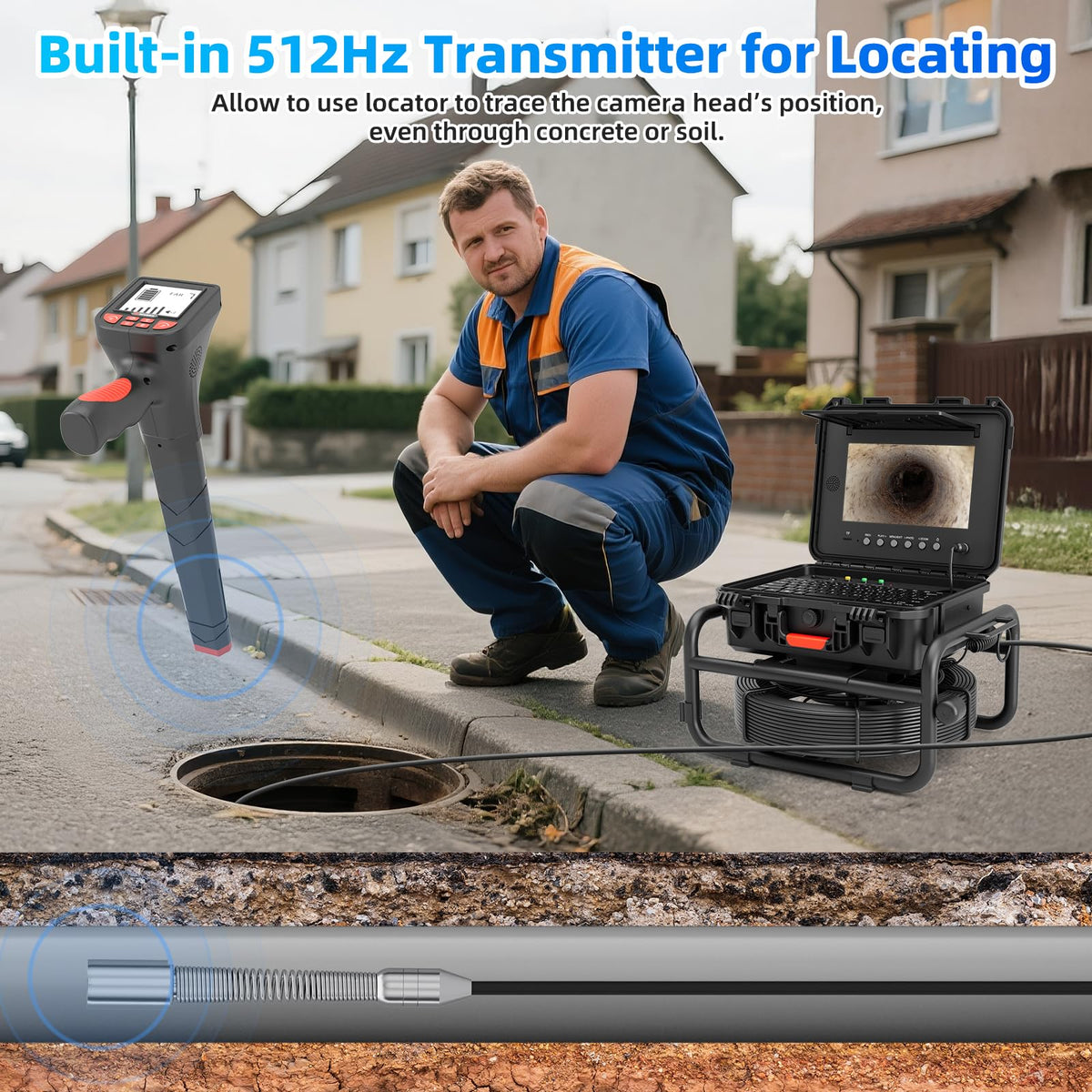 Sanyipace Sewer Camera 165FT/50M with 512Hz Transmitter,10" HD Screen,Self-Leveling,Distance Counter,Inspection Camera with [Mic+Speaker+Audio Video] Record,32GB,Ideal for Plumbers and Home(7mm Cable)