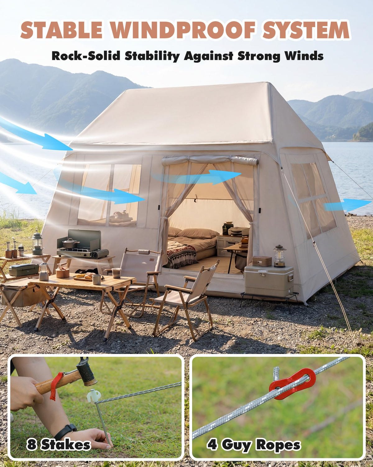 3-4 Person Inflatable Camping Tent Portable Air Cabin Blow Up Tent with Hand Pump Easy Setup Waterproof for Camping Family Backpacking Hiking