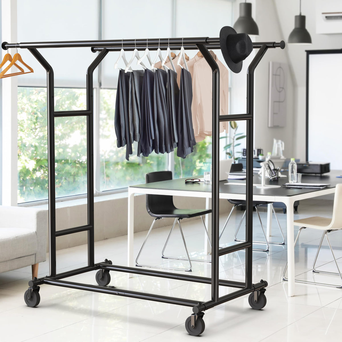 Simple Houseware Heavy Duty Double Rail Clothing Garment Rack, Holds Up to 200 lbs, 43 to 67 Inches Extendable Rod, Black