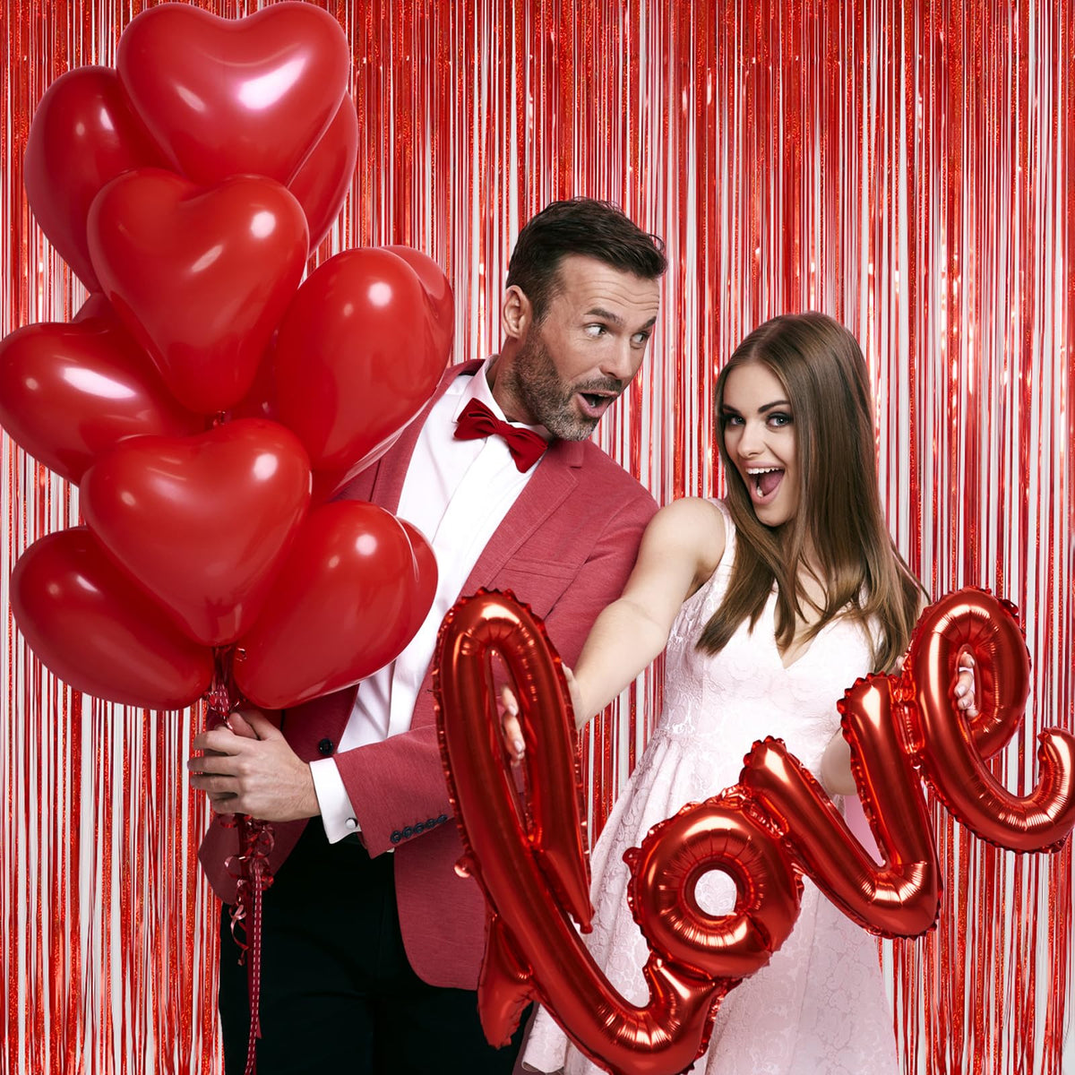 Red Tinsel Curtain Backdrop for Party Decorations - Sparkle Foil Tinsel Fringe Curtains Photo Backdrop Booth (3.2ft x 8ft, 2 Packs)