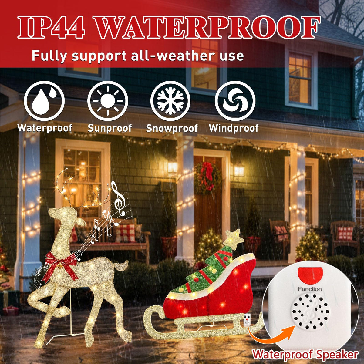 EAMBRITE Christmas Decorations Outdoor, 42 Inch Christmas Reindeer & Sled with 117 Warm White Lights, Motion Sensor 2D Music Lighted Deer Christmas Decor for Xmas Tree Lawn Porch Garden