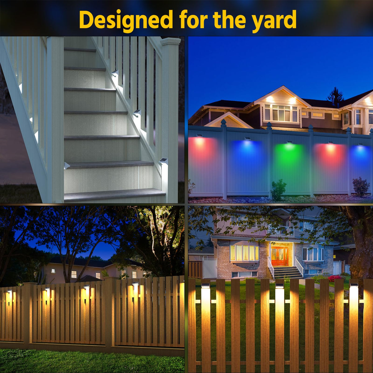NIORSUN Outdoor Fence Lights, 24 Pack Waterproof LED Solar Fence Lights with 1500mAh Battery, Warm White/Cool White/RGB, Easy-to-Install Wall Light for Deck, Patio, Railing, Stairs, Backyard – White