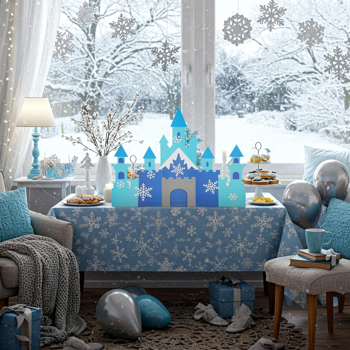 Harloon 19.7 x 23.6 Inch Snowflake Castle Table Centerpiece Glitter Winter Themed Party Table Decorations for Princess Snowflake Themed Winter Birthday Party Supplies