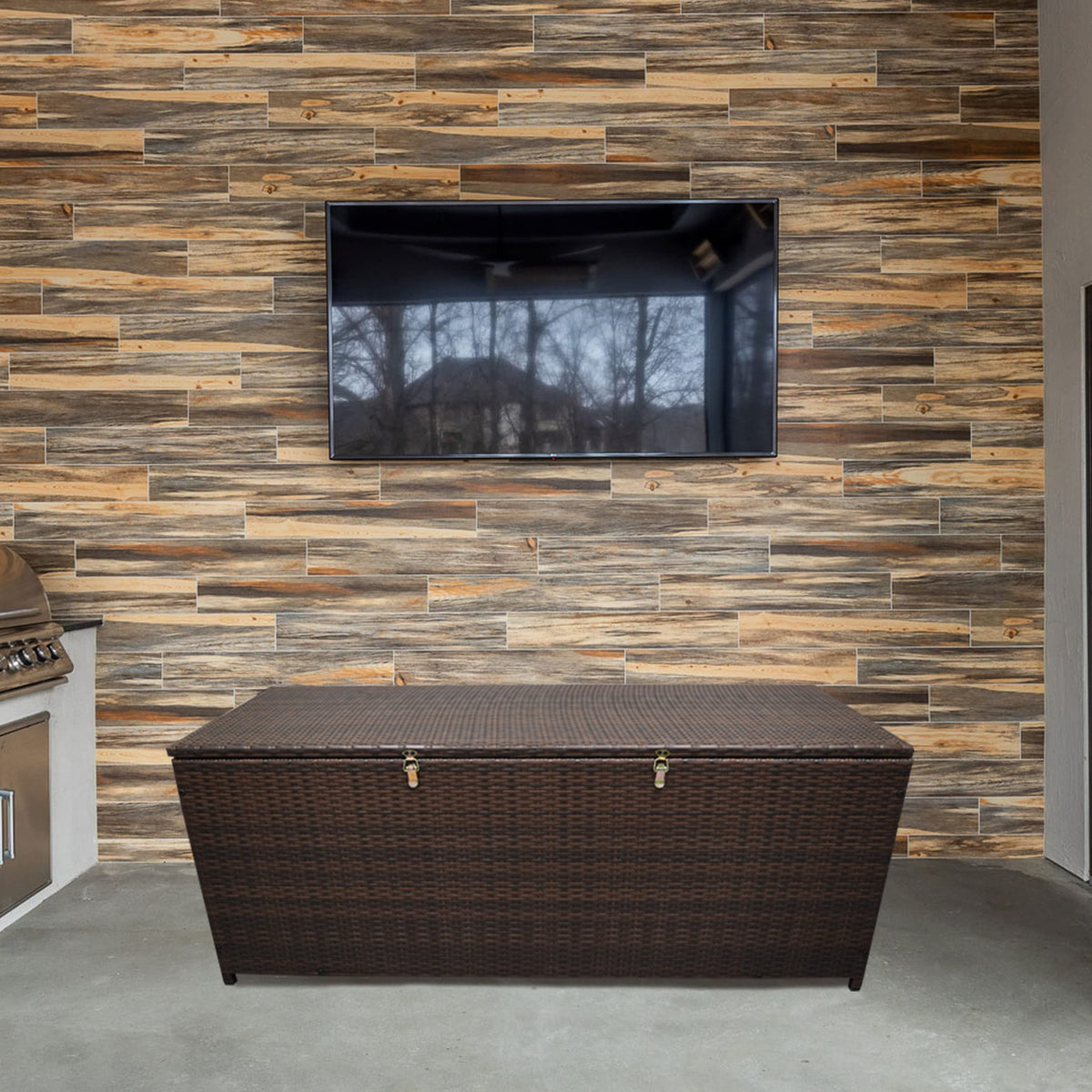 Oakland Living Brown Indoor and Outdoor Balcony Patio Deck Porch Pool 113 Gallon Wicker Storage Box Trunk Bin with Metal Frame