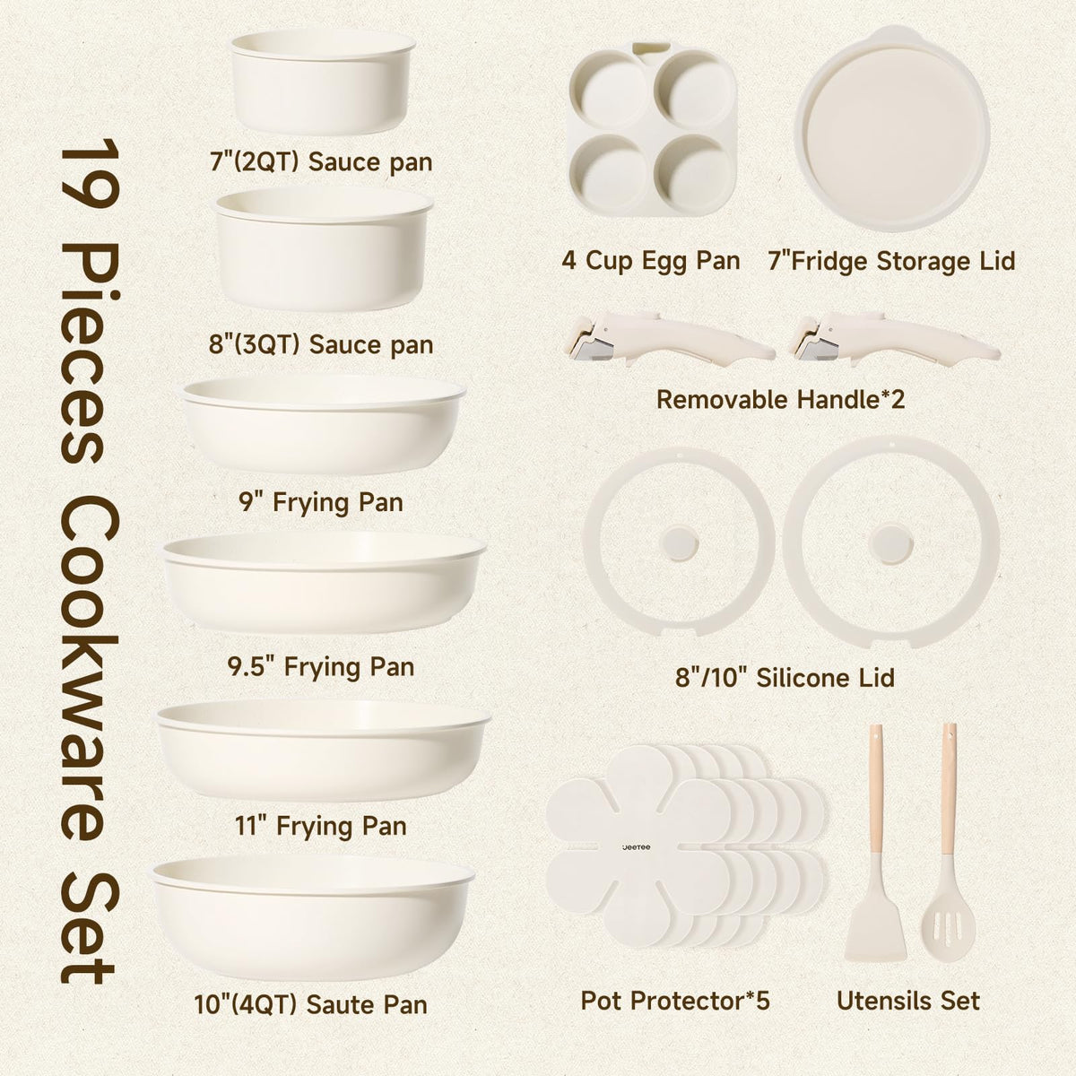 JEETEE Pots and Pans Set Non Stick 19pcs, Kitchen Cookware Sets with Detachable Handle, Induction Nonstick Cookware Set with Removable Handle, Stackable RV Cookware, Oven Safe, PFAS/PFOA Free, Beige