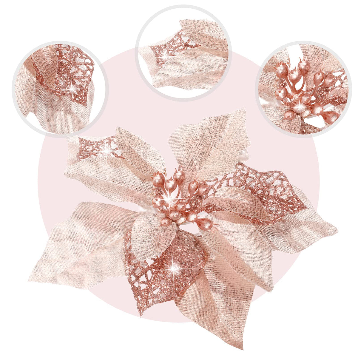 WILLBOND 36 Pieces Christmas Poinsettia Glitter Faux Flowers Christmas Artificial Flowers Tree Ornaments Topper Xmas Decorations(Rose Gold)