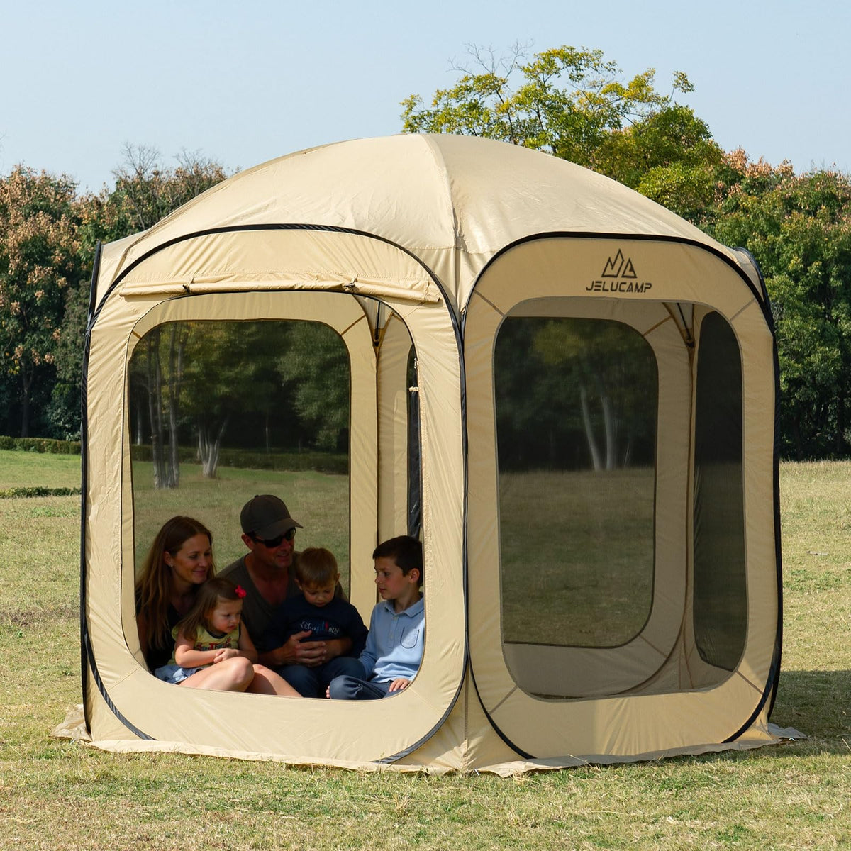 JELUCAMP 10x10 FT Pop Up Screen House Tent - Instant Screened Gazebo Canopy with Mosquito Net, Portable Backyard Tent for 4-6 People, Easy Setup Patio Shelter for Camping, BBQ, Sports & Outdoor