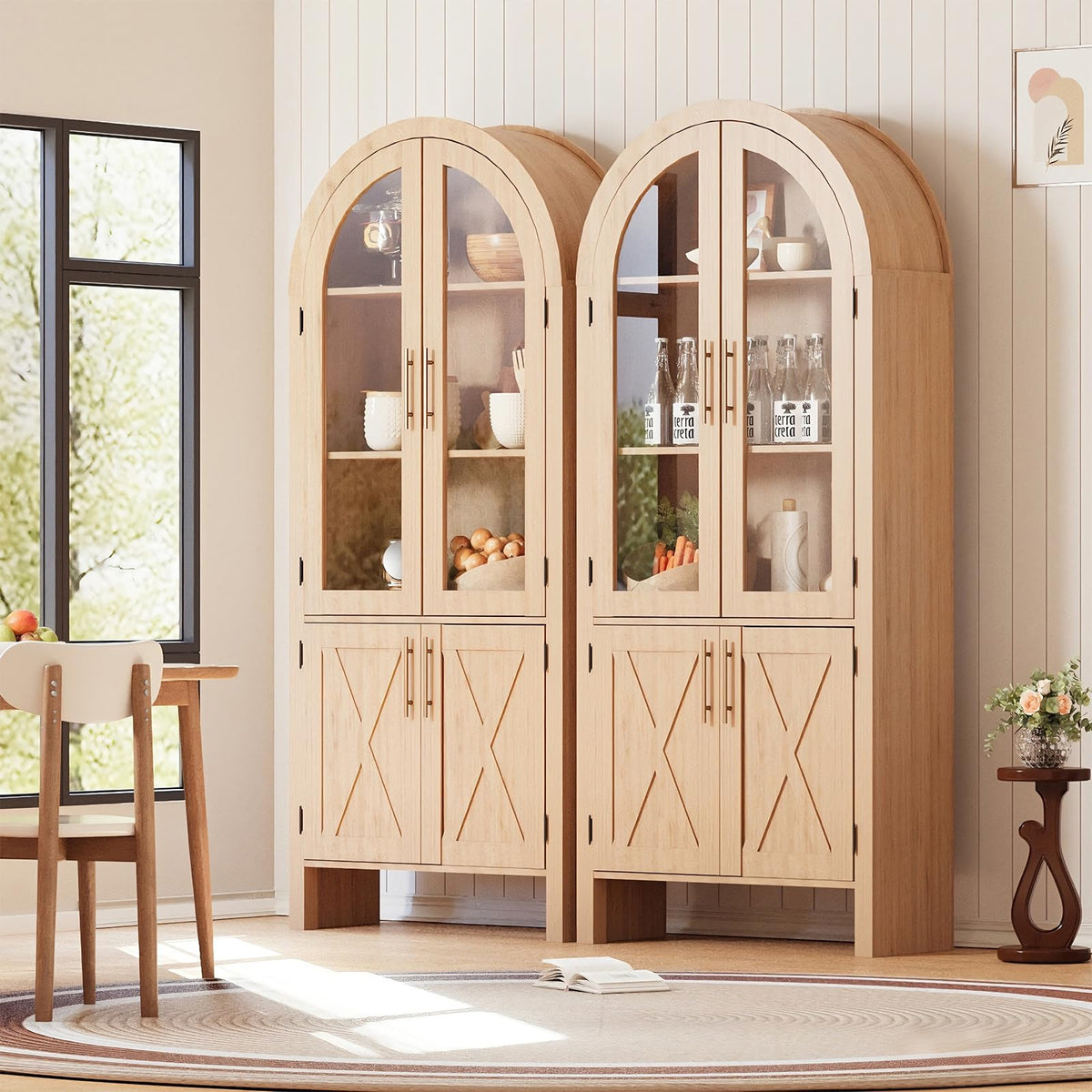 Patikuin 60'' Arched Kitchen Pantry, 4-Tier Arch Cabinet with Doors, Modern Wood Kitchens Storage Cabinets with Adjustable Shelves, Wooden Storage Cabinet for Living Room & Dining Room