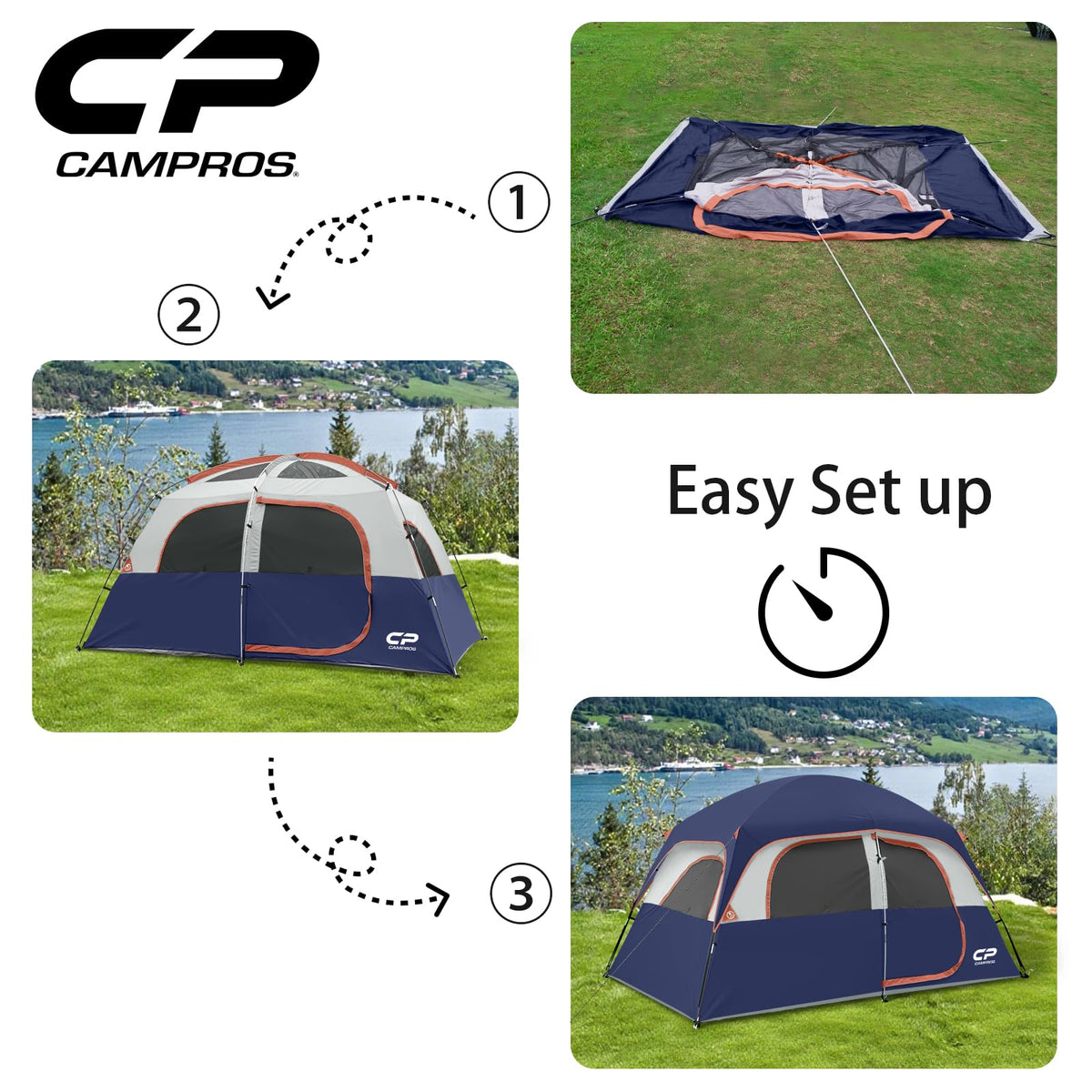 CAMPROS CP Tent-6-Person-Camping-Tents, Waterproof Windproof Family Tent with Top Rainfly, 4 Large Mesh Windows, Double Layer, Easy Set Up, Portable with Carry Bag (Navy Blue)