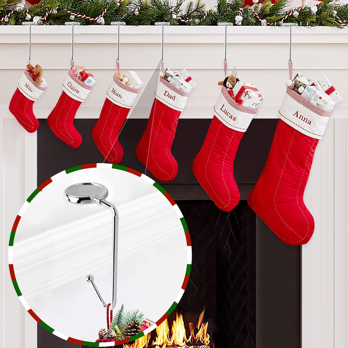 365park Christmas Stocking Holders for Mantle, 6 Pack Mantel Stocking Hangers Metal Hooks for Fireplace Christmas Xmas Party Decoration (Silver)