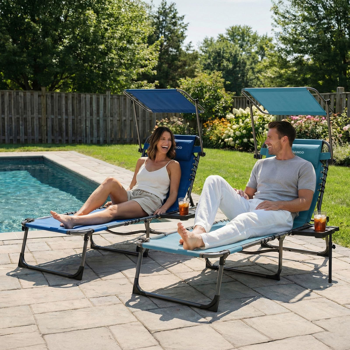 FUNDANGO Heavy Duty Tanning Chair with Face Hole & Canopy, 400lbs Beach Lounge Chair with Side Table, 5-Position Sun Lounger for Outdoor Patio Pool-Face Down Chaise with Anti-Pinch Safety Lock,Cyan