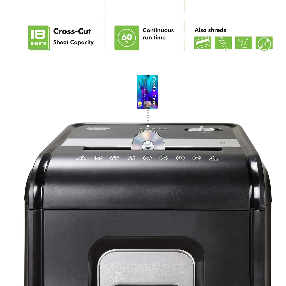 Aurora AU1880XA Heavy Duty Anti-Jam 18-Sheet Crosscut Shredder/60 Min Run Time/ 7-Gallon Pullout Basket and Casters