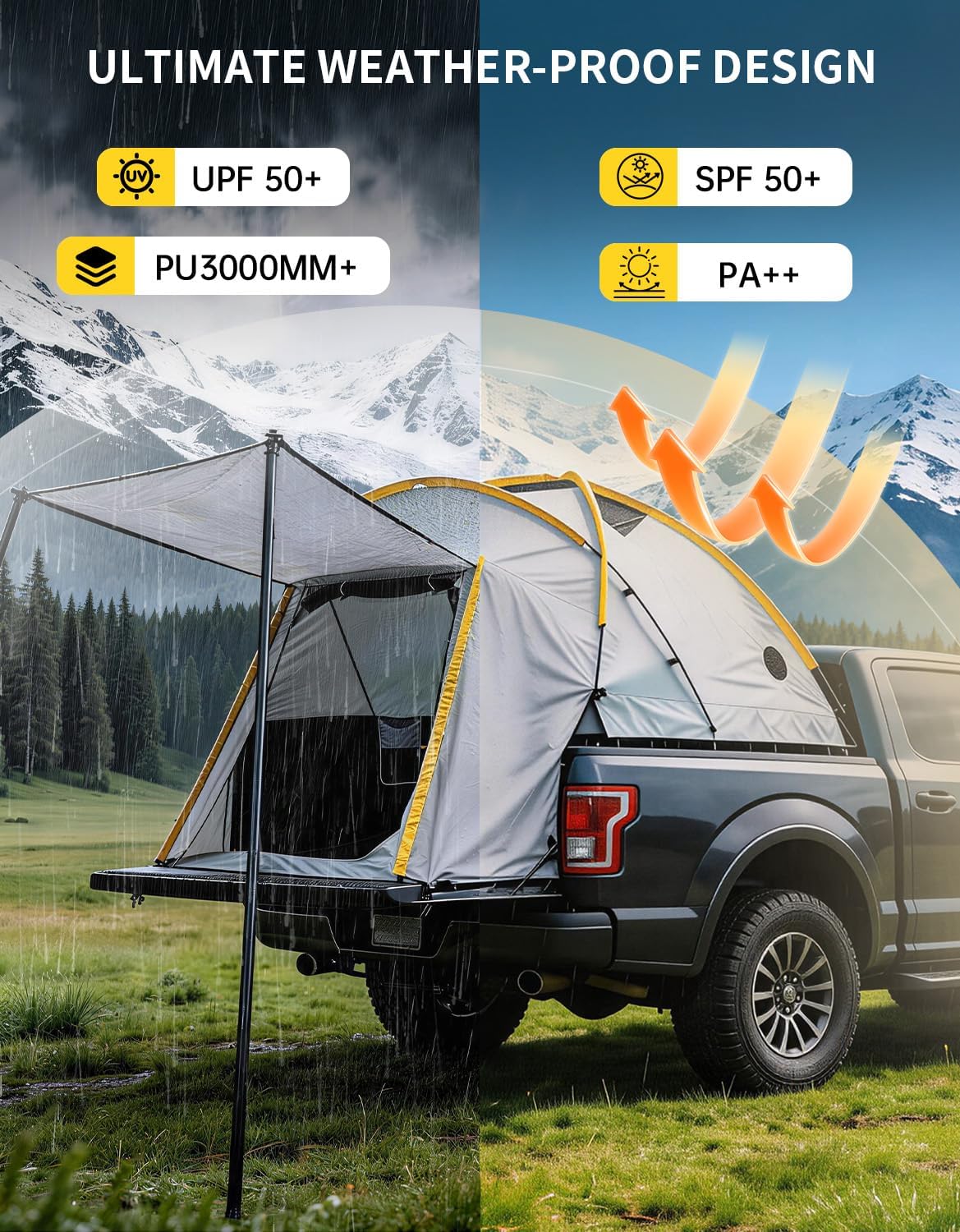 Truck Bed Tent for Pickup Trucks, Waterproof PU3000 Oxford Pickup Truck Tent with Awning, 2-Person & Easy Setup Truck Camping Tent for Silverado 1500 F150 Ram 1500