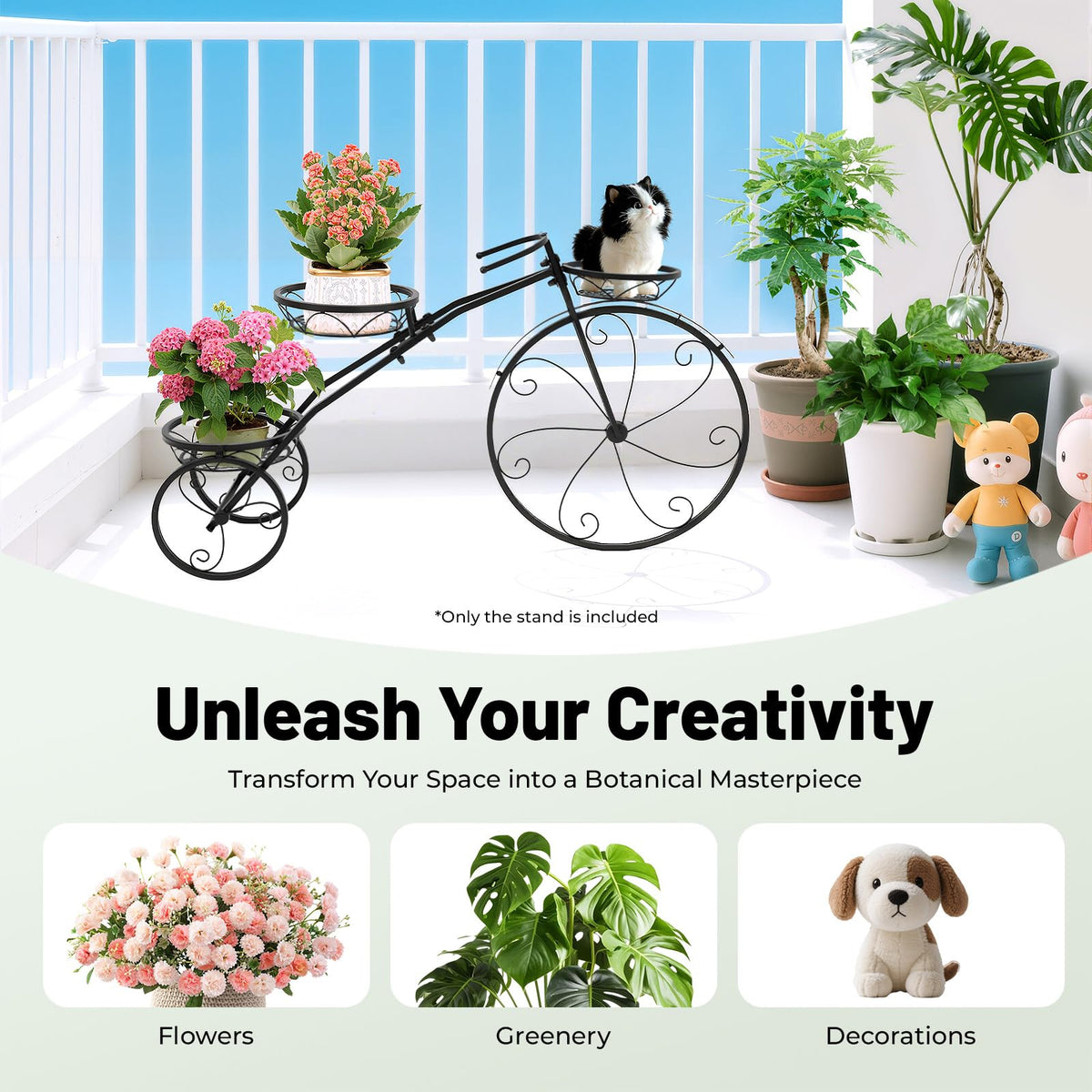 3 Pot Metal Cart Holder, Three-wheeled Plant Stand, 3-Tier Bicycle Planter Flower Cart, Holds 22lbs Capacity, for Patio Deck Garden Lawn Decor (Black)