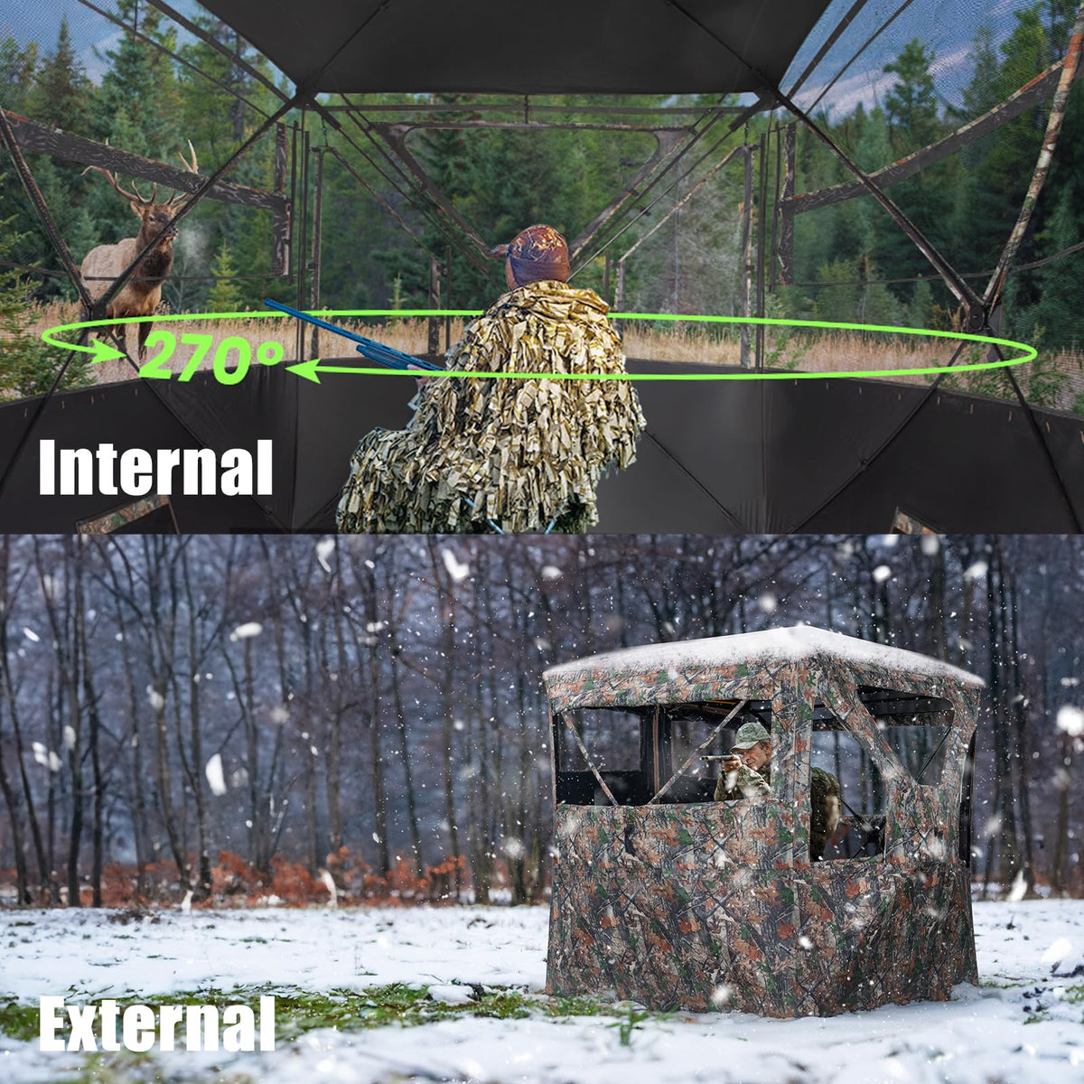 HUNTSEN 3-4 Person Hunting Blind - 270 Degree See Through Deer Blind with Magnetic Full Open Door - Pop Up Ground Blinds - Portable Resilient Hunting Tent for Deer & Turkey