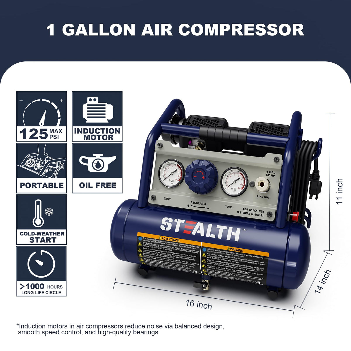STEALTH Air Compressor 1 Gallon, 1/2HP Max 125 PSI, Induction Motor, 0.8 CFM@90PSI, 1.3 CFM@40PSI, Oil-Free Maintenance Free Light Weight Electric Air Tools for Drilling, Nailing, Grinding, SAUQ-1105