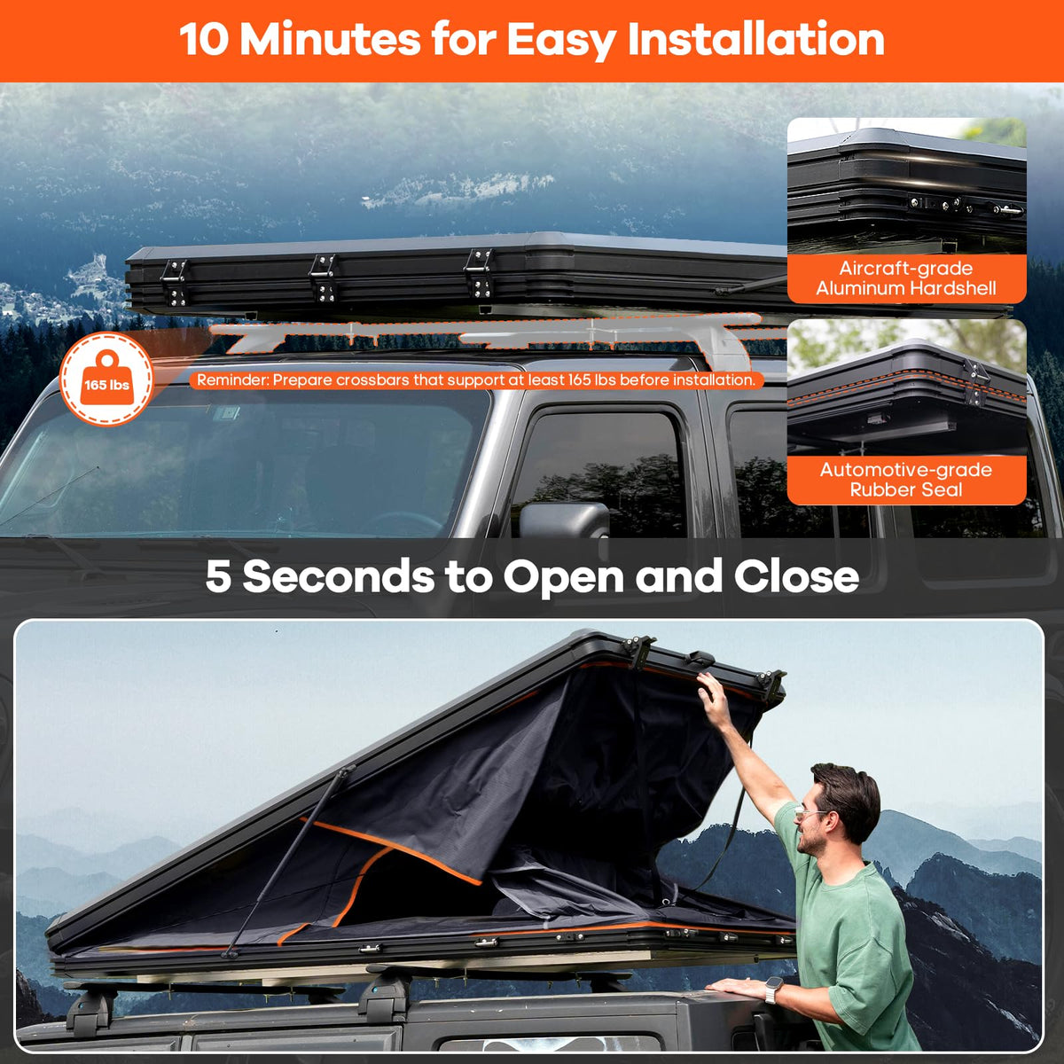 Explorer Pro Rooftop Tent Hard Shell with Side Awning&LED Light Strip, 2-3 Person Roof Top Tent for 4 Season Camping, Aluminum Pop Up Roof Tent for Truck Jeep SUV Van Trailer