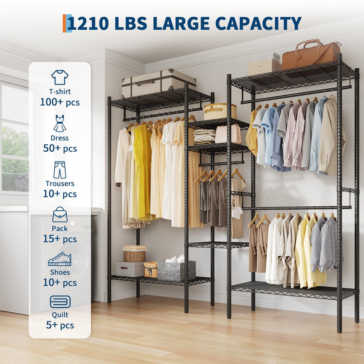 GarveeHome Heavy Duty Metal Clothes Rack – Adjustable Shelves, Freestanding Portable Wardrobe Organizer, Commercial Closet System for Garment Storage, Max Load 1210 LBS, Black – 86.2 x 17.3 x 76.4
