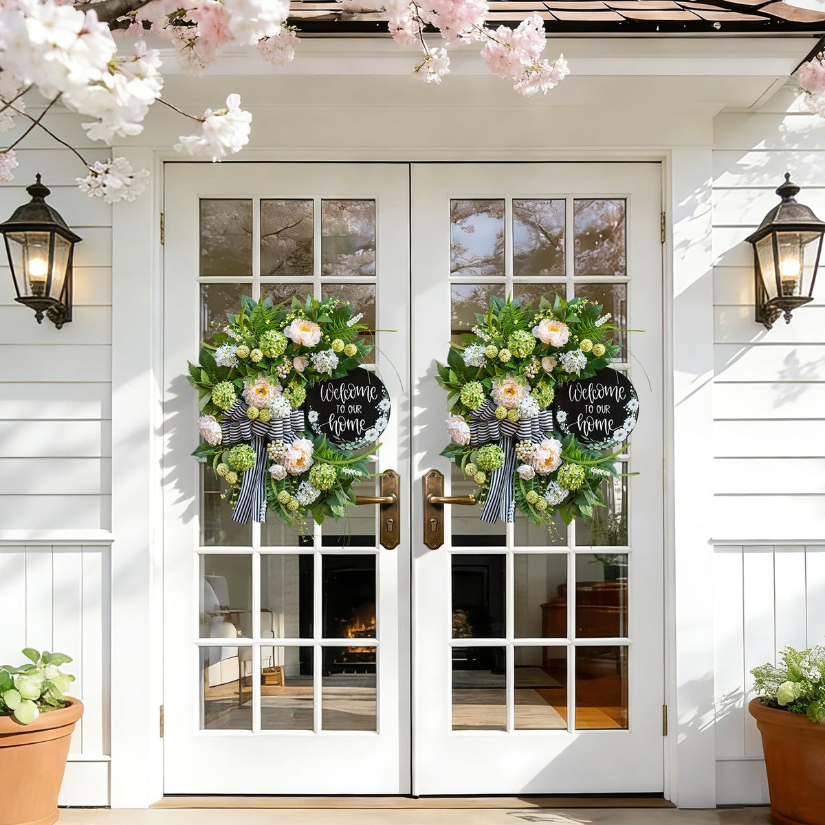 Spring Summer Wreaths for Front Door, Half Circle Summer Wreath with Hydrangea & Peony, Striped Bow & Welcome Sign – 24 Inch Indoor/Outdoor Seasonal, Housewarming & Festive Spring Door Wreath Decor