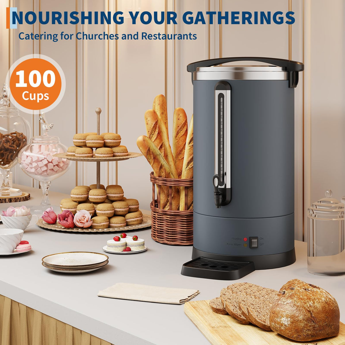 Garvee 14 L/100 Cups Coffee Urn-3.8 gal Double Wall Commerical Coffee Maker for Buffet Catering Wedding Gathering,Large Capacity Hot Coffee Dispenser,Stainless Steel Hot Water Urn-Grey