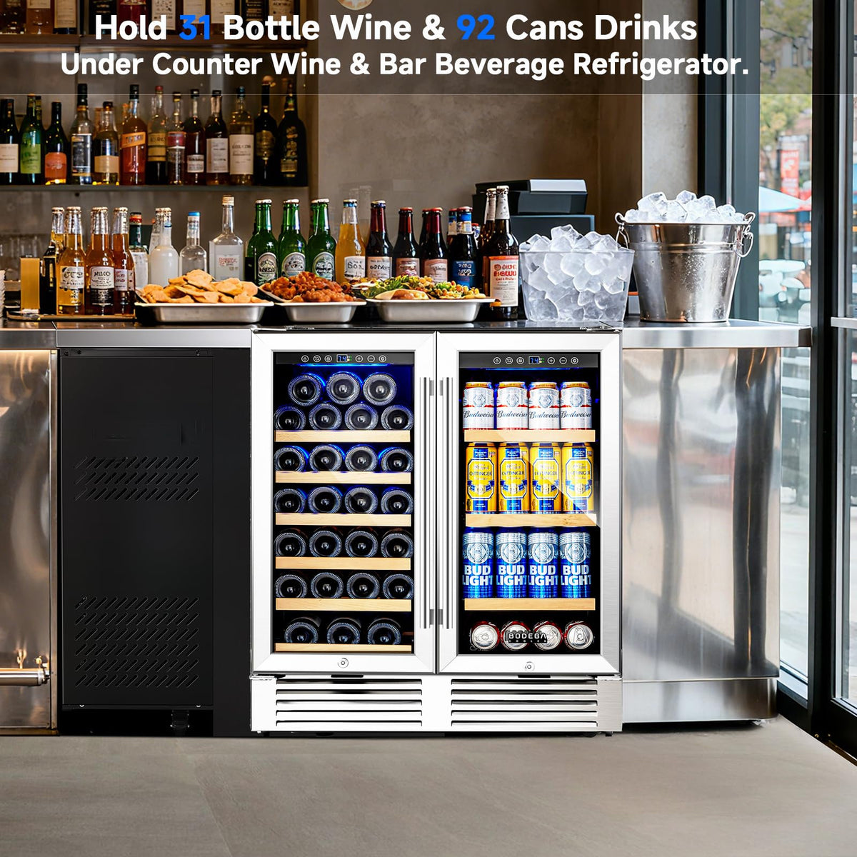 BODEGACOOLER Wine and Beverage Refrigerator,30 Inch Under Counter Commercial Beverage Refrigerator, Large Capacity Back Bar Cooler With 2 Glass Doors,LED Lighting Display Beer Wine Soda Drinks.