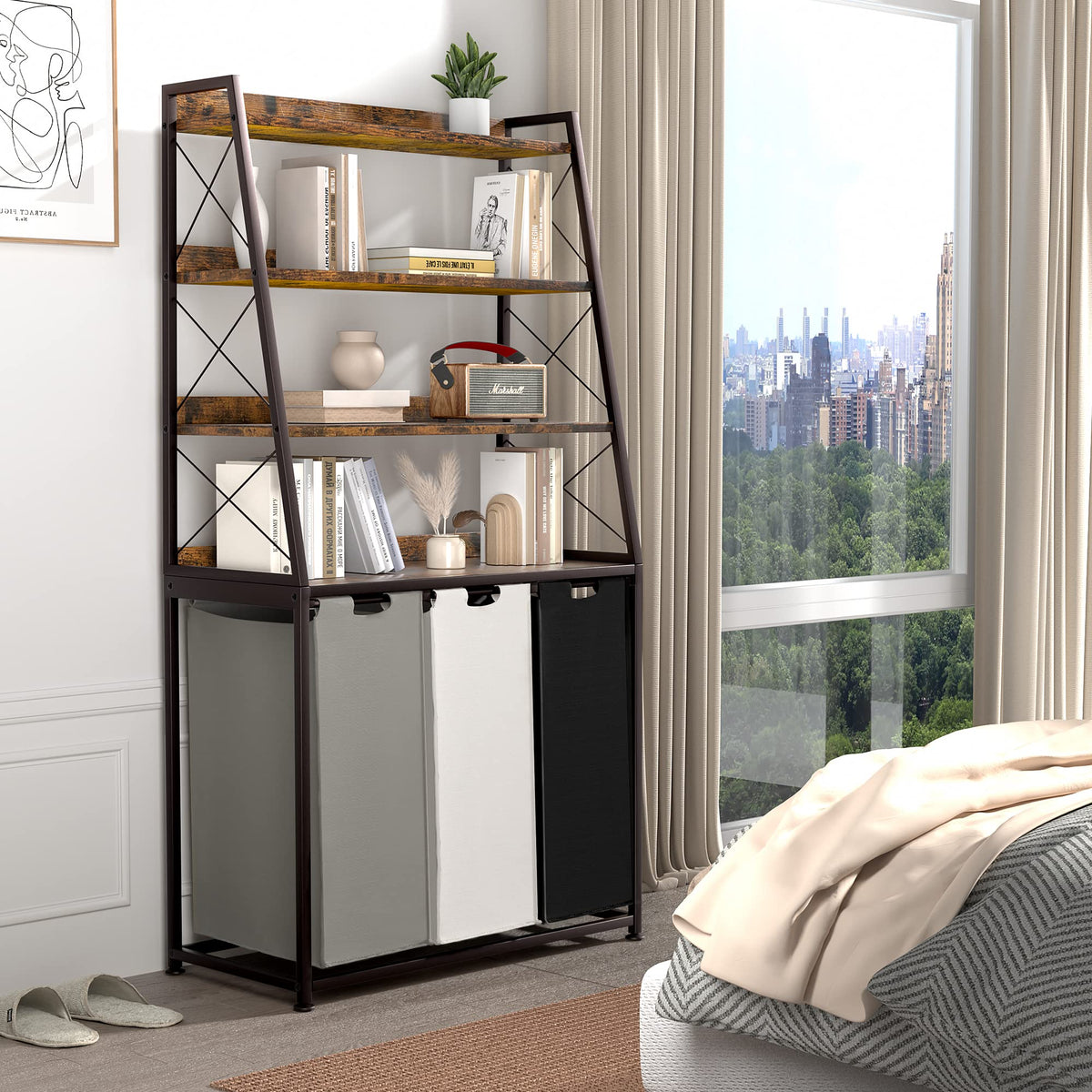 Herture Laundry Basket, 3 Section Laundry Hamper with 4 Tiers Shelf, Pull-Out and Removable Laundry Bags, Large 3 x 15.87 Gallons, for Laundry Room Bathroom Rustic Brown PF05XLN