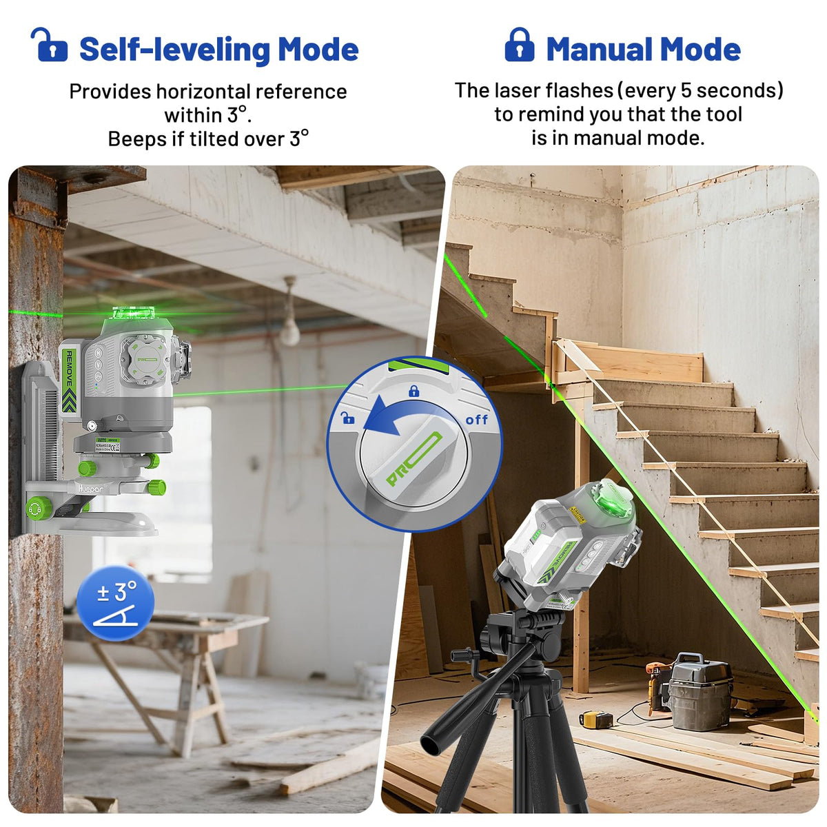 Huepar Pro 2026 New Outdoor Laser Level 360 Self Leveling with Fixed-Point Pivot Alignment, 3x360 Green Lazer Leveler Tool-Remote Control &Rechargeable Battery, 1/13" Accuracy for Construction GS03CG