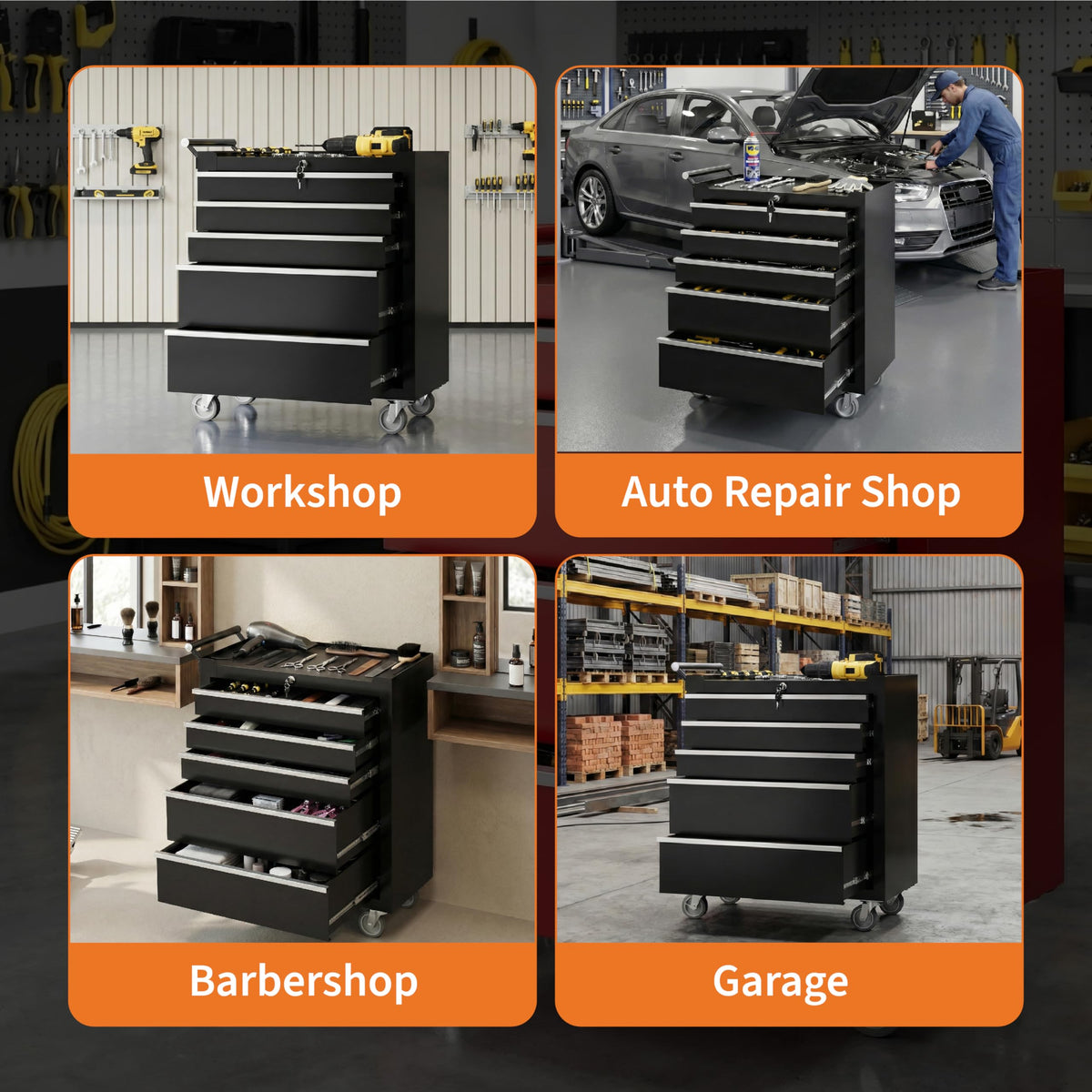 IDEALHOUSE Rolling Tool Chest, 5 Drawers Tool Storage Cabinet, Toolbox with Wheels, Portable Tool Cabinet Organizer with Locking System & Drawer Liners, Tool Storage Cart for Garage, Workshop, Black