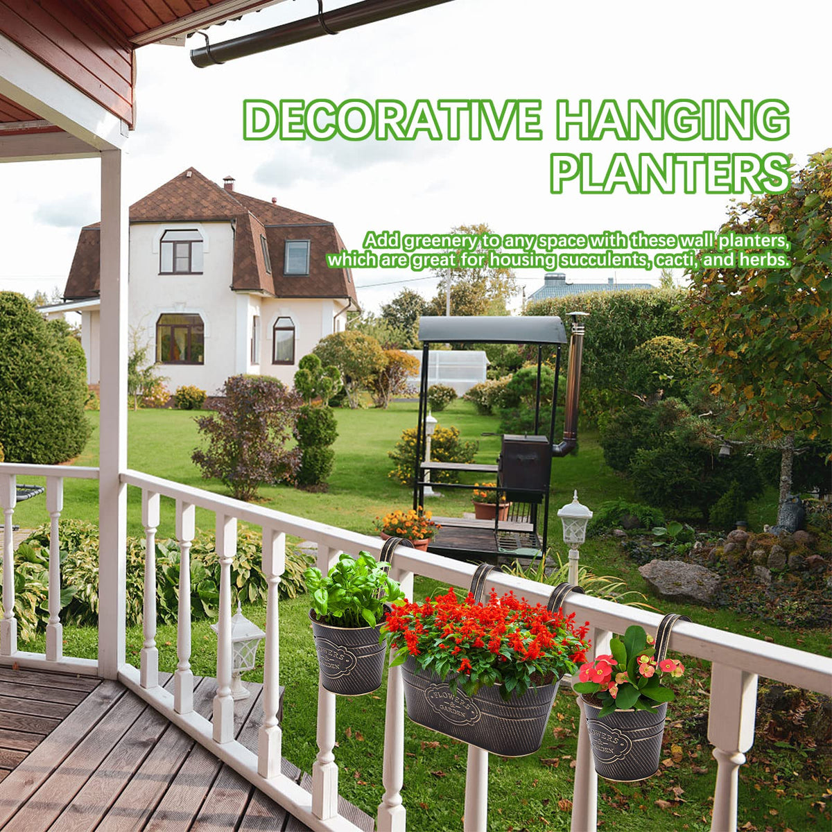 PerGar 3 Pack Metal Railing Planter Box Outdoor, 10.6" Hanging Flower Pots with Detachable Hooks & Drainage Holes, Rail Planter Boxes for Balcony Deck Porch Fence Garden Home Decoration, Black