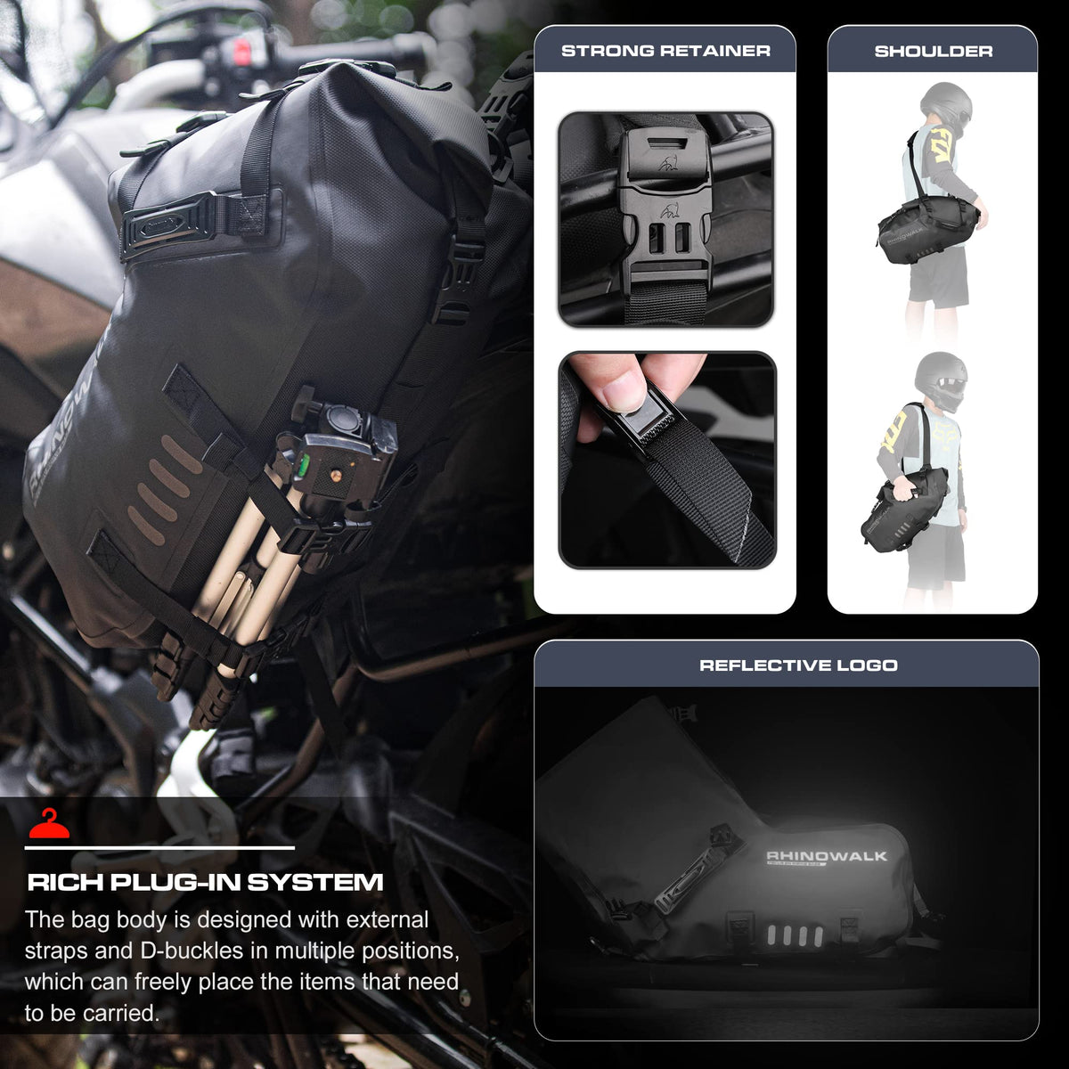 Rhinowalk Motorcycle Saddlebags 28L(14L*2) Waterproof Motorbike Side Bags, Travel Luggage Panniers with Shoulder Strap for Adventure & Sport Motorcycle Racks, 1 Pair