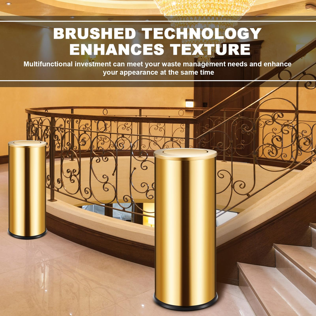 Reallnaive 2 Set 30L/8GAL Gold Lidded Trash Can with 200 Garbage Bags Metallic Gold Brass Kitchen Garbage Bin with Flip Lid Commercial Compact Waste Basket for Shopping Centers, Elevator Doors, Hotels