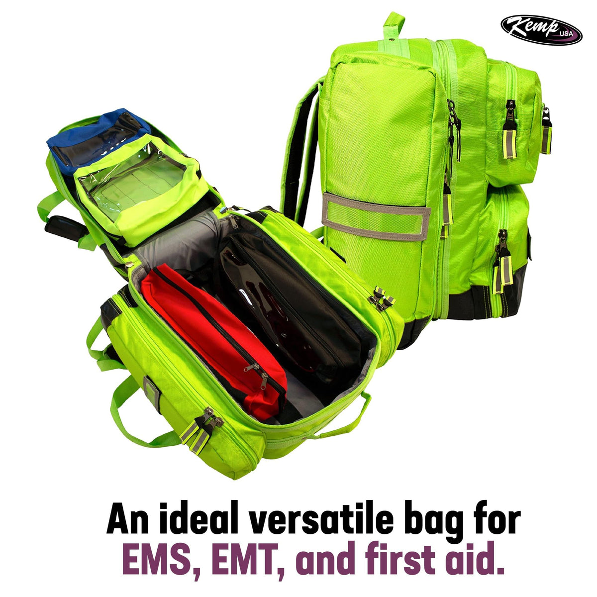 Kemp USA Ultimate EMS Backpack EMT Emergency Medical Bag Fits BLS ALS Gear and D Tank Oxygen Cylinder 1680D Nylon Multiple Grab Points Chest Waist Straps Color Coded Pouches Neon Green