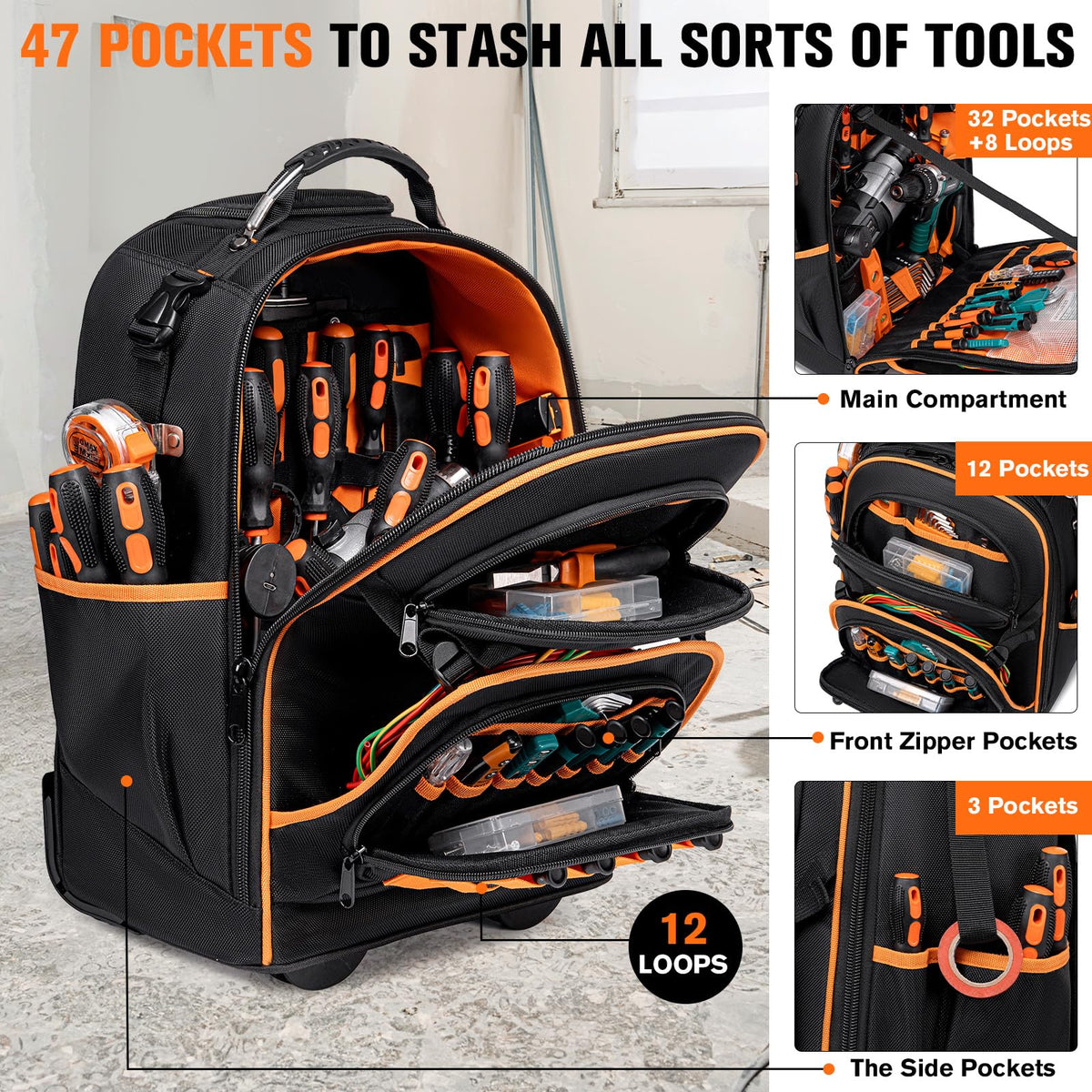 2-In-1 Rolling Tool Backpack Heavy Duty, 47 Pockets Rolling Tool Bag with Wheels, Tool Bag Backpack with Retractable Handle, 1680D, Backpack for Tools HVAC Electrician Construction Worker Mechanic