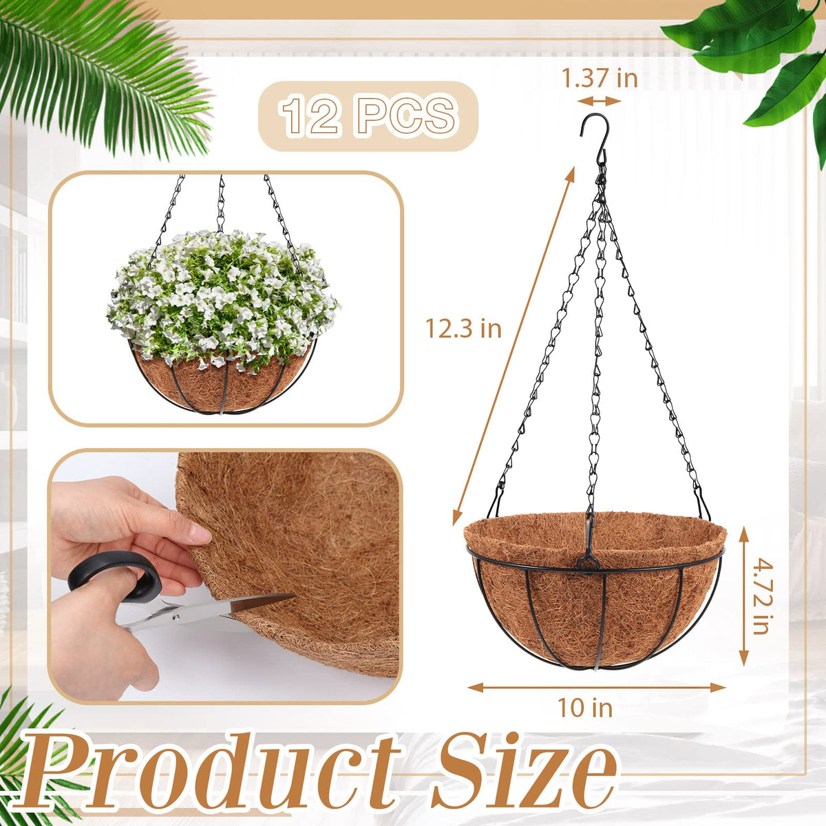 Dandat 12 Pack Hanging Planter Basket Outdoor Large Hanging Flower Pots Indoor 10 inch with Coco Coir Liner Round Wire Plant Holder Chain Basket Garden for Home Decor Balcony Office