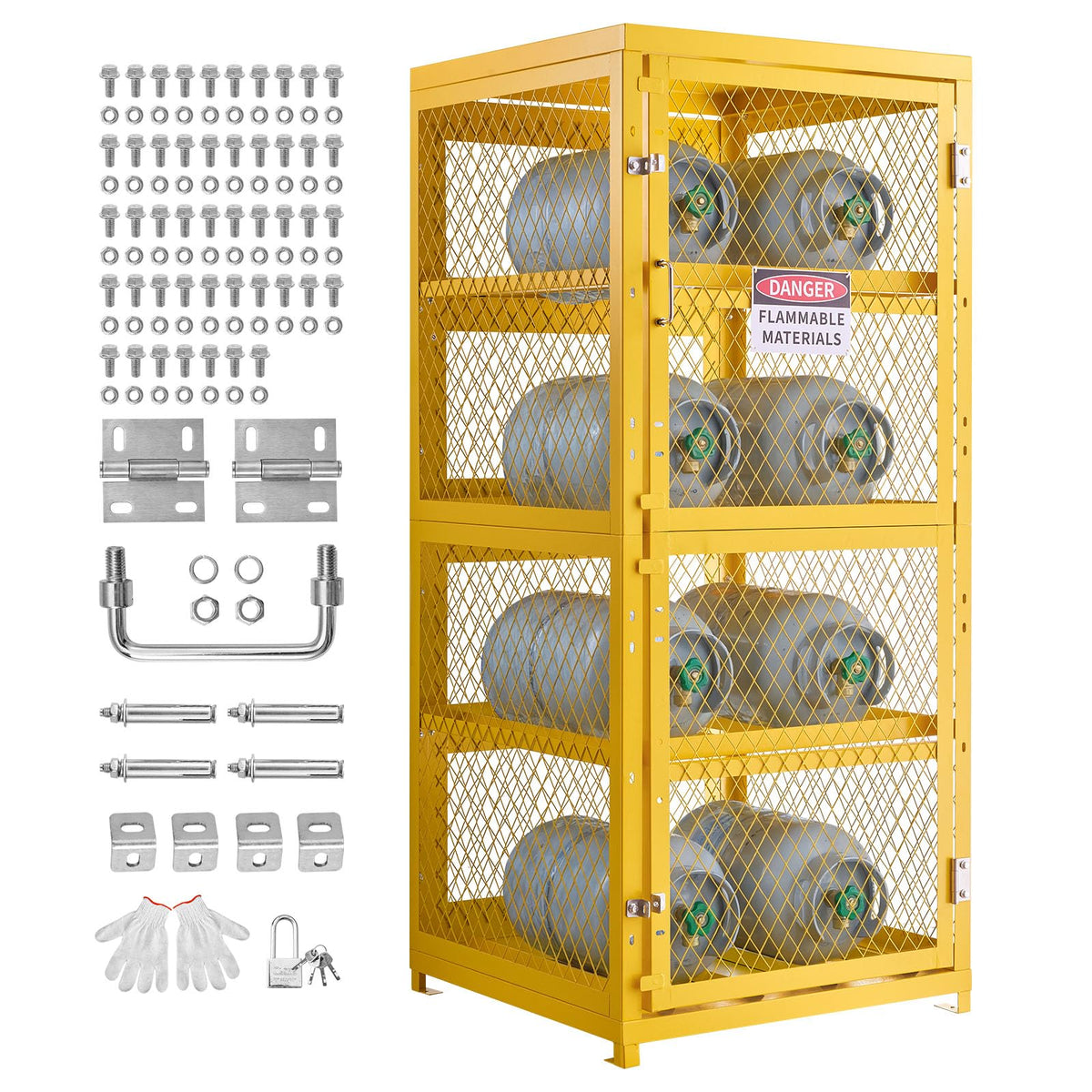 VEVOR Horizontal Cylinder Storage Cabinet, 30"L x 30"W x 70.3"H, 8 Cylinder Capacity, 4-Tier Propane Storage Cage, with Lock and Keys, Yellow Powder-Coated Carbon Steel, for Propane, Oxygen, Nitrogen