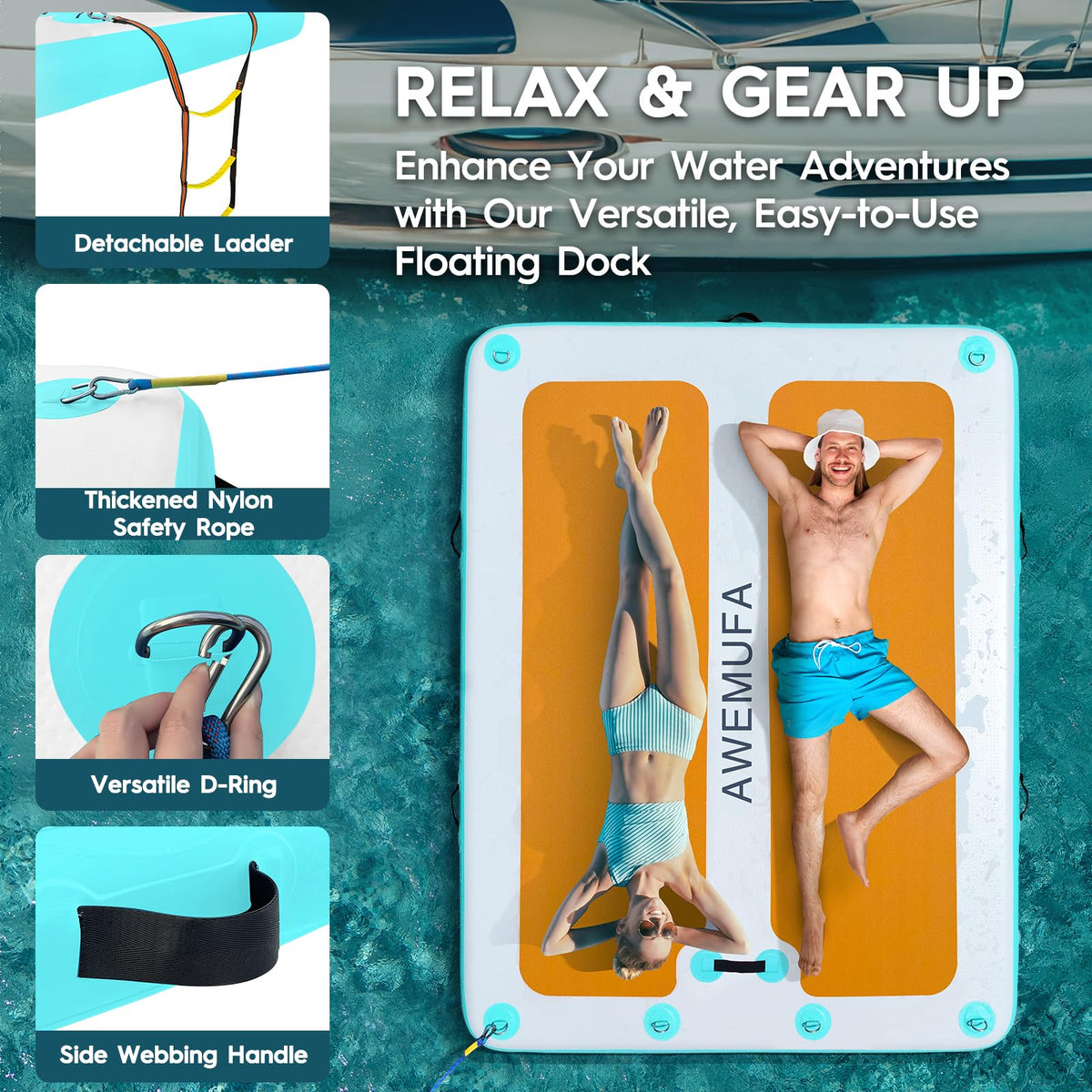 AWEMUFA 8ft x 6ft Inflatable Floating Dock, Inflatable Dock Floating Platform Non-Slip PVC Surface, Water Mat Floating Island Raft for Lake, Floating Dock Mat for Pool Beach Ocean