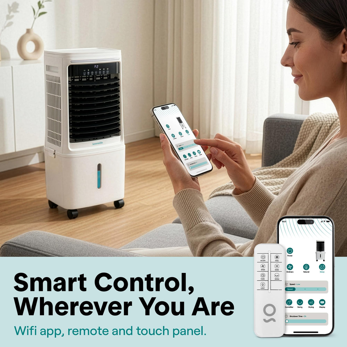 SereneLife Tower Fan, Smart Stand Up Bladeless Tower Fan with WiFi and Remote Control, 1700 CFM High Velocity Output, 25 Liter Detachable Water Tank, Boosted AC Flow with 4 Ice Packs Included