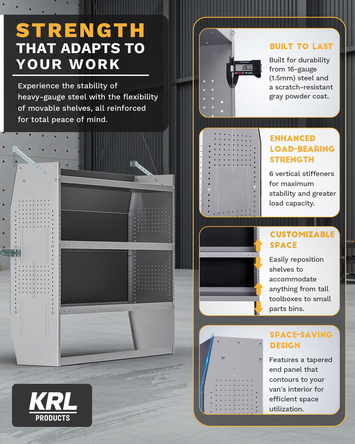 KRL PRODUCTS SV-4246 Steel Low/Mid/High Roof Van Shelving Storage System Fits Transit, GM, NV, Promaster, Sprinter and Metris, Contoured Shelving Unit, 42" W * 46" H * 13" D