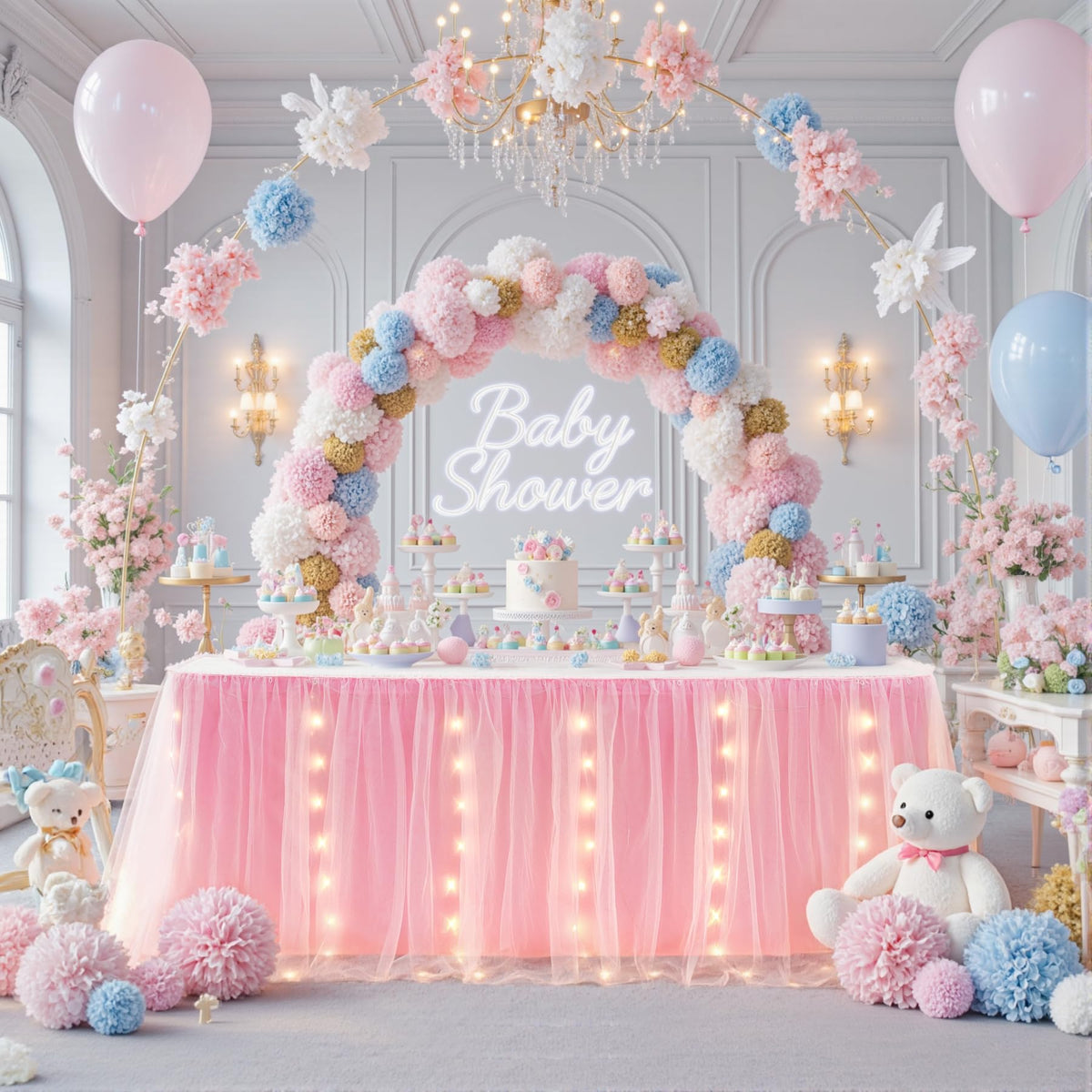6FT Pink Tulle Table Skirt with LED Lights 2-Layer Ruffle Tulle Tutu Cloth Desk Table Skirt for Birthday Party Baby Shower Wedding Banquet Cake Dessert Decorations