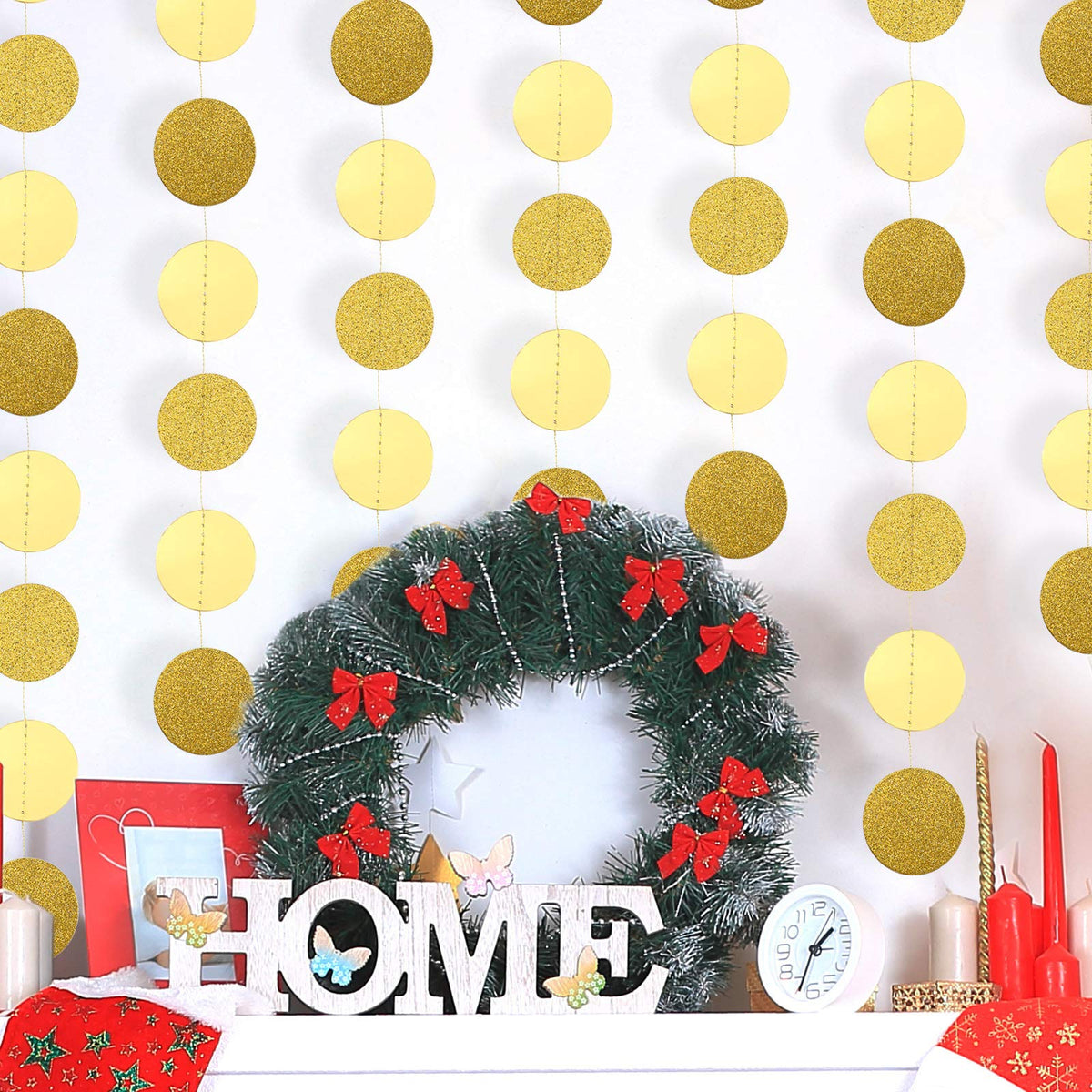 Syhood 10 Pcs Party Decorations Paper Dot Circle Garlands Glitter Streamers Hanging Banner Decor for Graduation Baby Shower Wedding Birthday Backdrop Supplies (Gold)