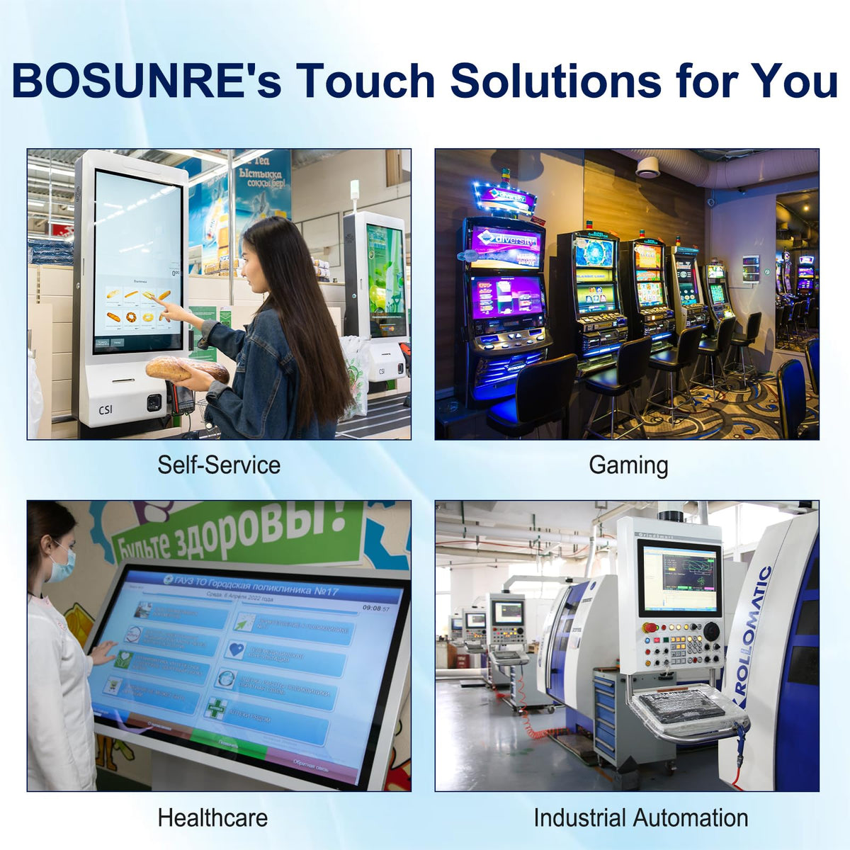 Bosunre 7 Inch Open Frame Touch Screen Monitor, 10-Point Capacitive Touch Display, 1024x600 Resolution, IP65 Industrial Monitor, Black Metal Housing, Open Bracket Mount for HMI Control Panels