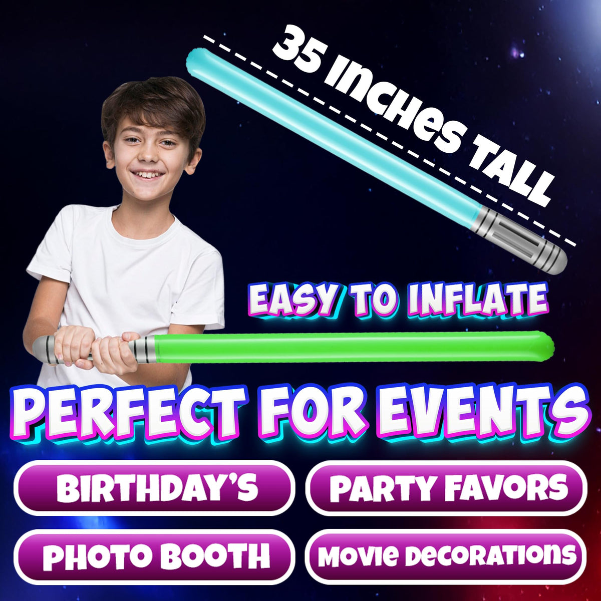 Bedwina Inflatable Light Sabers for Kids - (Pack of 6) 35-inch Neon Color Blow-Up Toy Saber Swords, Party Favors, Goodie Bags, Star Galaxy Theme Birthdays & Prize Toys