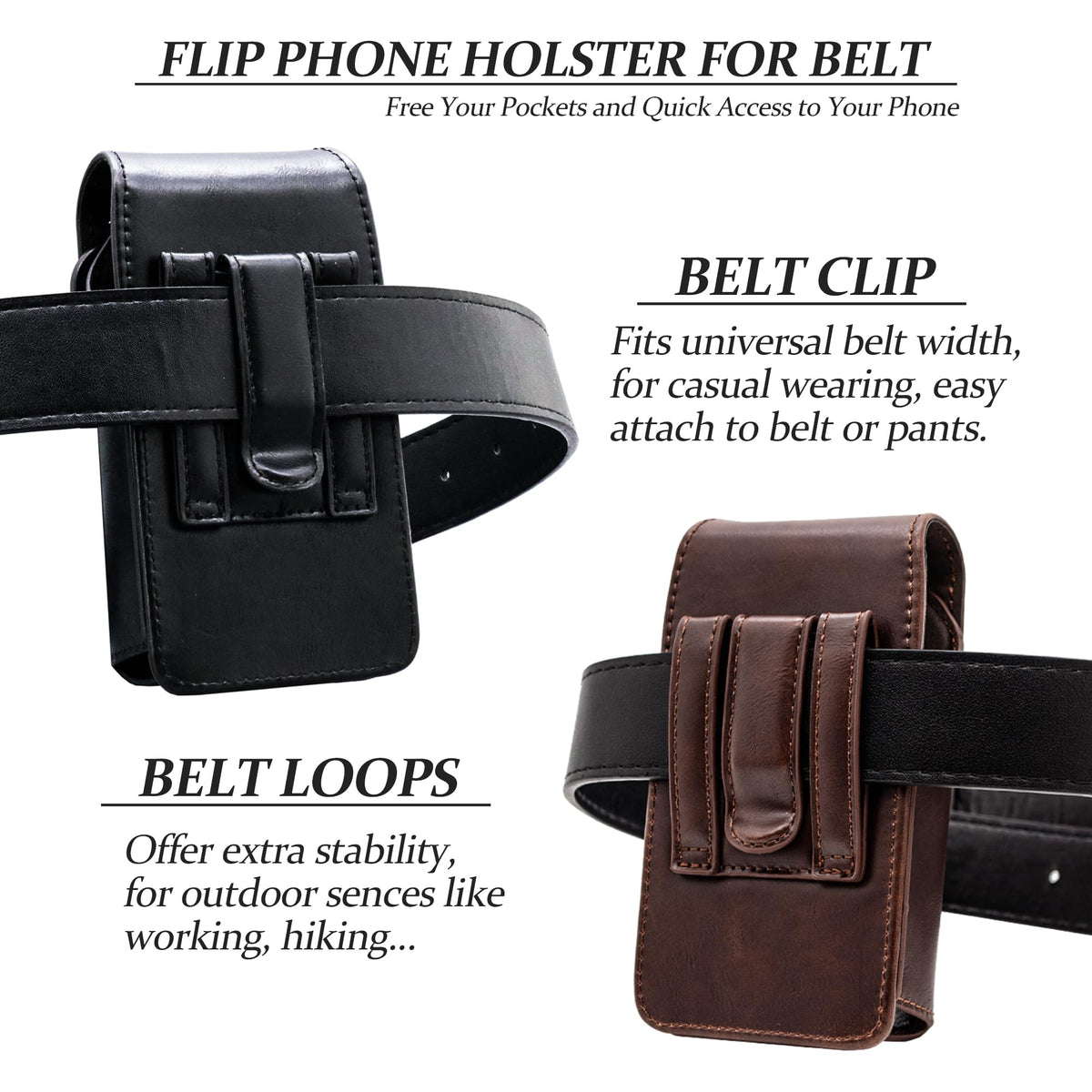 TarbicGear Leather Flip Phone Case with Belt Clip, Pouch for Kyocera & TCL & Nokia Flip Phone Holster for Belt, Cat S22 Case, Phones Sheath, Sonim XP3 Plus Magnetic Phones Pouch (Black)