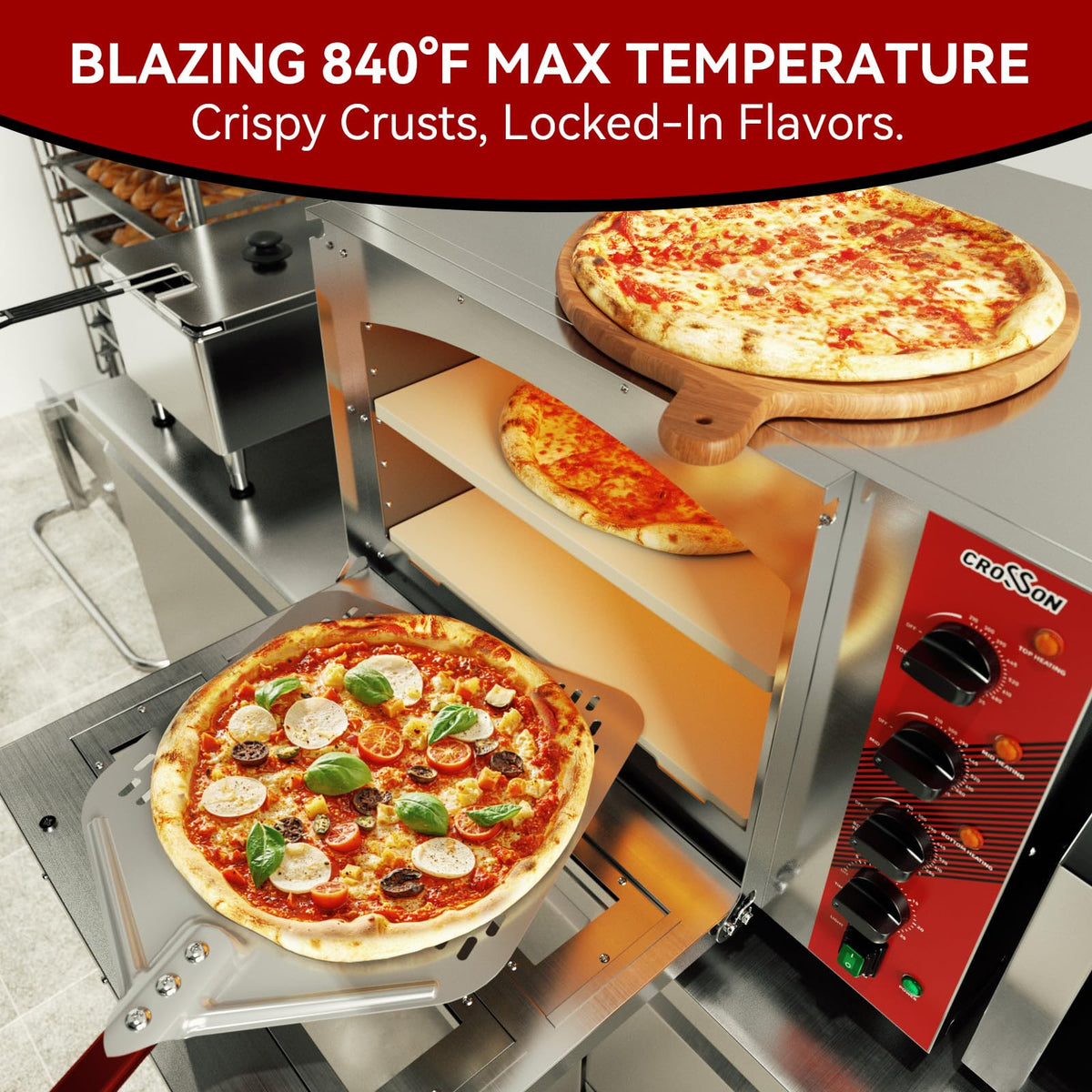 CROSSON Commercial Double Deck 18 Inch Countertop Electric Pizza Oven with 15mm Thick Pizza Stone, Indoor Pizza Bakery Oven for Commercial Use Only,240V/4500W