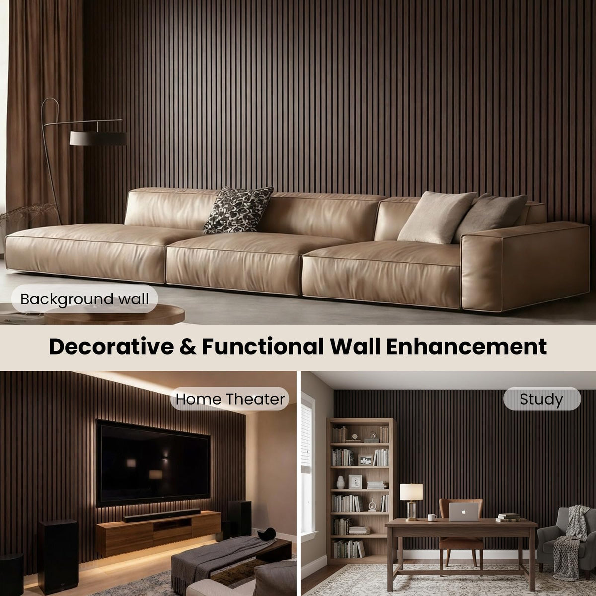 Wood Slat Wall Panels - 4 Pack 93.7" × 11" - Acoustic Panels Noise Reduction for Home Office Studio, 3D Fluted Sound Dampening Absorbing Panels, Dark Walnut