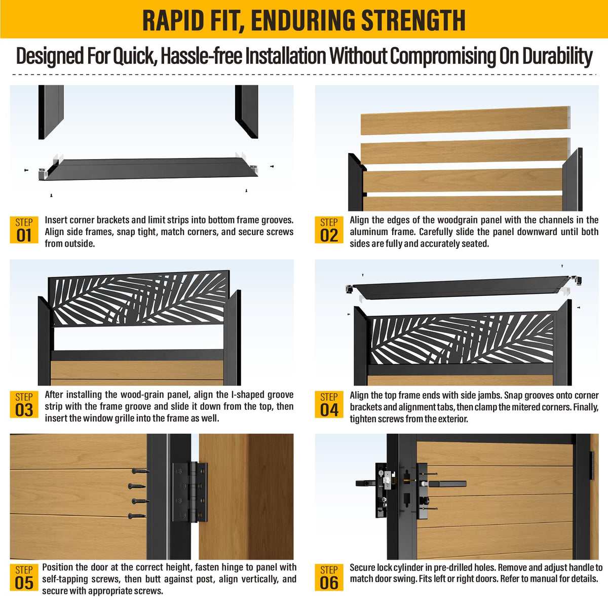 Brukid 4x5 FT Aluminum Fence Gate Kit Wood Grain Aluminum Gate with Decorative Cutout, Lock & Hinges, Left/Right Opening, Weather Resistant for Yard Garden Patio