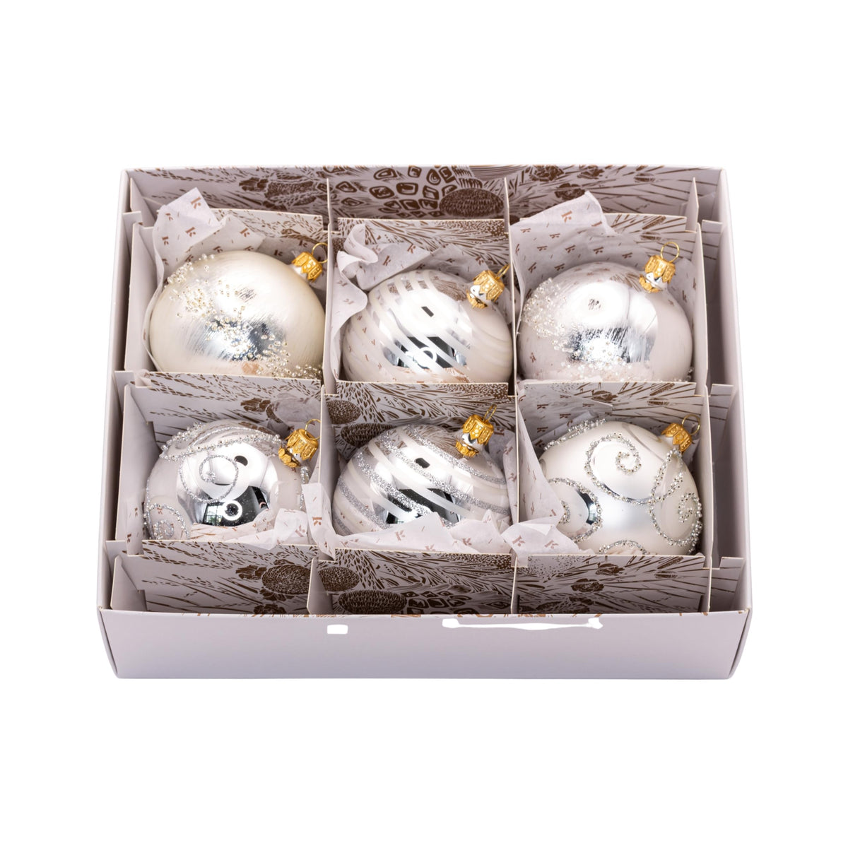 Luxury Handcrafted European Glass Christmas Ball Ornaments - Set of 6 - Silver & White - Satin & Shine - 8 cm - Mouth-Blown & Hand-Painted