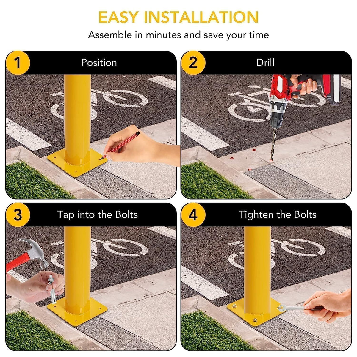 Safety Bollard, 6 Packs 48 Inch Height Bollard Post, 4.5 Inch Diameter, Yellow Safety Steel Bollard Post, with 24 Anchor Bolts, for Traffic Control, Driveway Barrier, Parking Pole