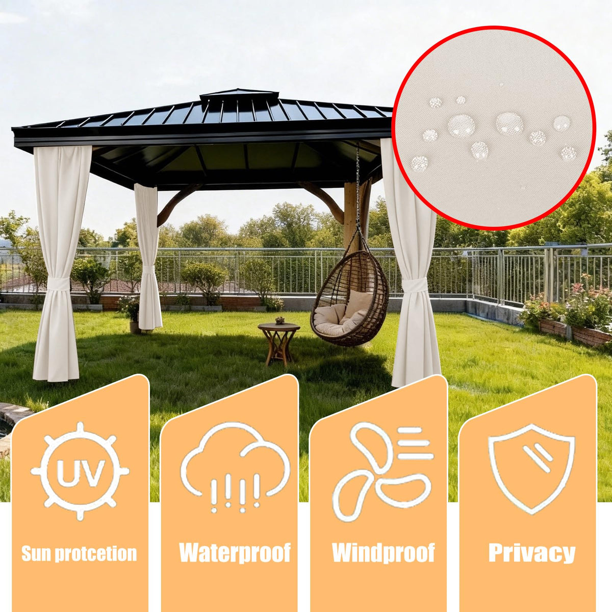 GarPad Gazebo Curtain Replacement Universal Privacy Curtain, 4-Panels Sidewall 10'X10' Curtain Gazebo Outdoor with Zipper,Universal Replacement for Patio Privacy Screen Soymilk(Only Curtain)